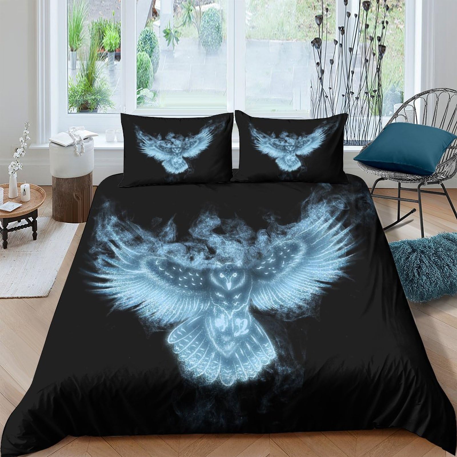 Parure de lit motif chouette 200 x 200 cm avec textile lisse et finitions durables de qualité