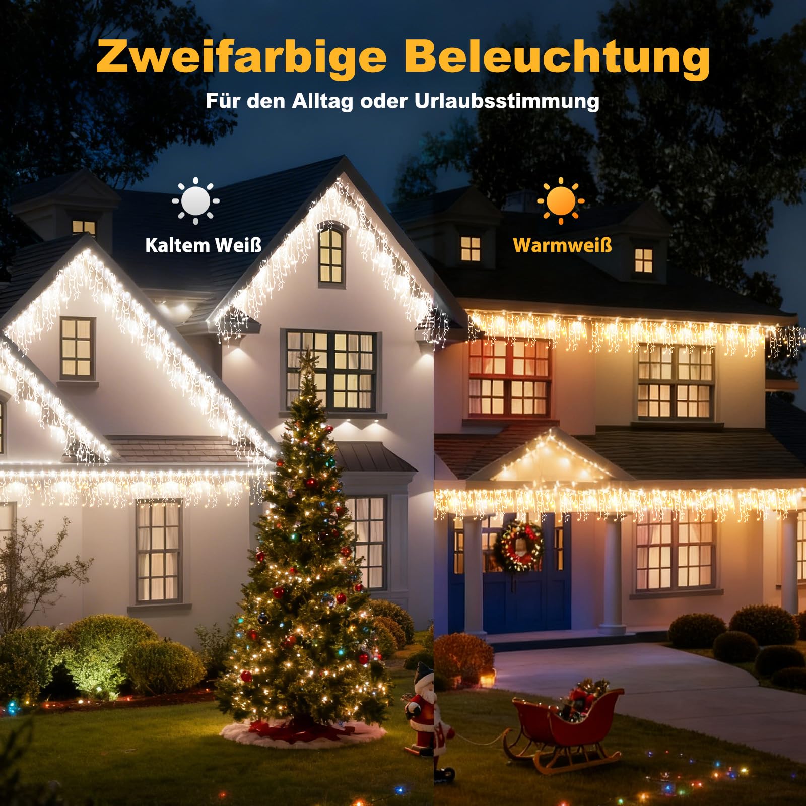 Weihnachtslichter für den Außenbereich, Eisregen Lichterkette Außen in Warmweiß und Kaltem Weiß, LED Lichtervorhang Aussen mit APP und Fernbedienung, 17 Modi+4 Helligkeiten+Timer (30M+5M-1200L,W/K)