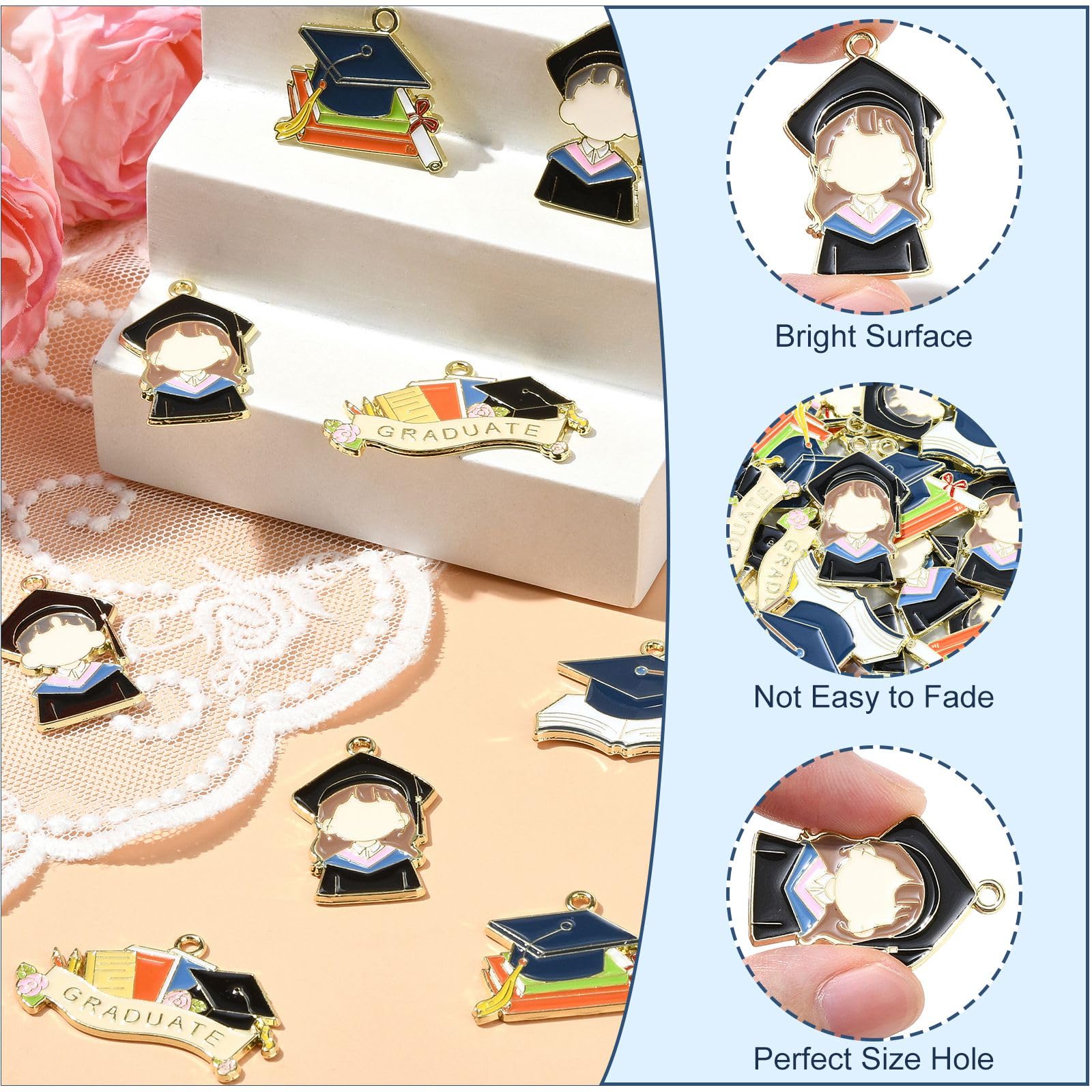 Stiesy 20Pcs 5 Styles Enamel Graduation Theme Charms Bachelor Hat Charm Pendant Graduation Cap Book Charms for Jewellry Making Bracelet Crafts Graduation Ceremony Gifts DIY - Image 3