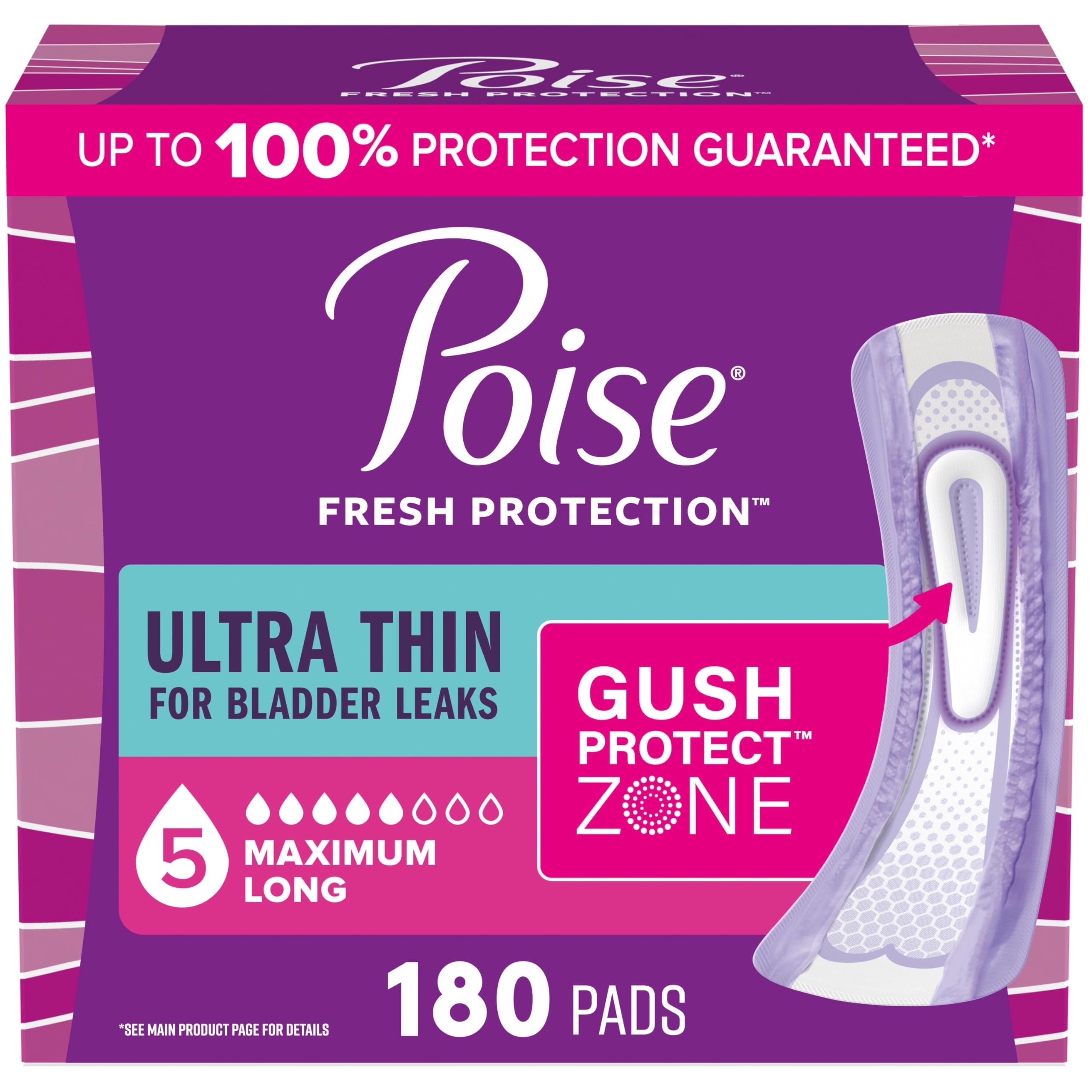 Poise Ultra Thin Incontinence Pads for Women, 5 Drop, Long, 180 ct