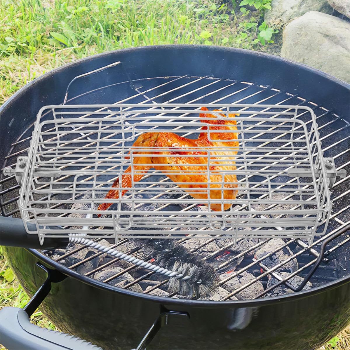 Toddmomy Cestello per Grigliare Rotante, Cestino per Grigliare Pesce, Acciaio Inox Argento, Struttura Regolabile ed Espandibile, per Carne e Frutti di Mare, Campeggio e Barbecue