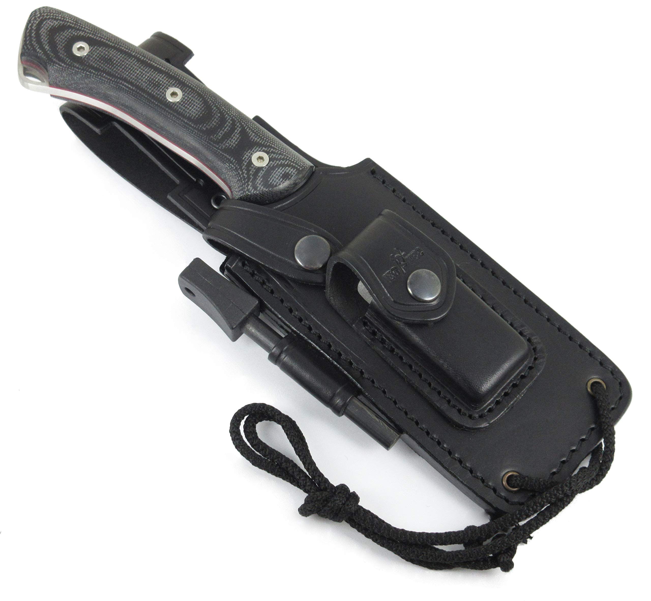 JEO-TEC Nº35 Nóż Bushcraft, nóż do paska na zewnątrz, nóż myśliwski, nóż survivalowy wielofunkcyjny , stałe ostrze, MOVA-58, z naturalna skorzana osłona + krzesiwo + ostrzalka do noży , recznie robiony w Hiszpanii