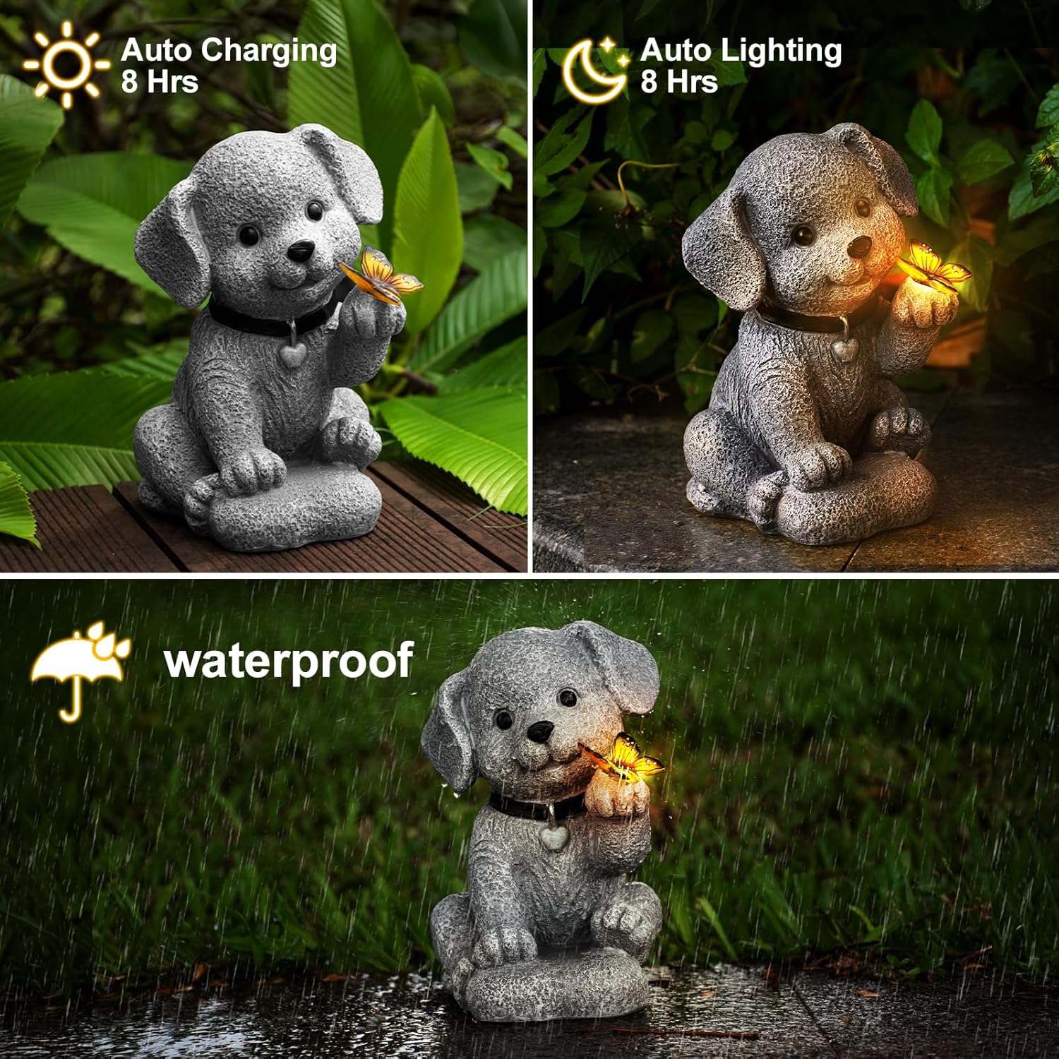 Solar Dog Garden Statue with Lantern Light – 8.2in Outdoor Dog Figurine for Women, Mom, Grandma,Garden Gifts，Home Decoration with Butterfly - Image 5