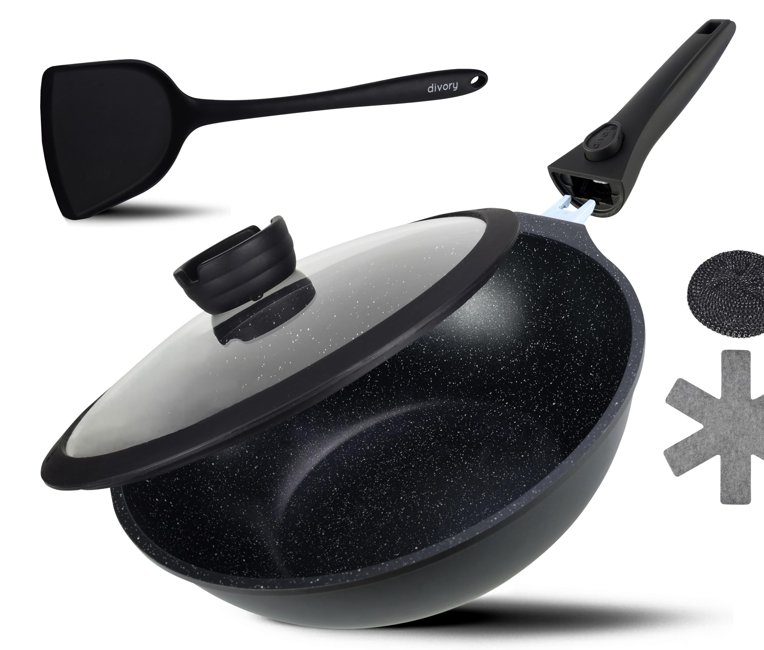 DIVORY Padella wok 30 cm con coperchio, manico rimovibile, adatta per induzione, rivestimento antiaderente, induzione con spatola wok e protezione padella