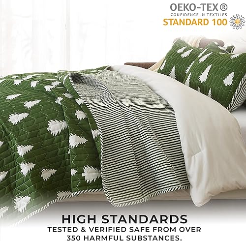 Miniatura 5 de Great Bay Home Juego de colcha reversible de tamaño King de color verde oliva de estilo rústico de cabaña y fundas decorativas de almohada apto para