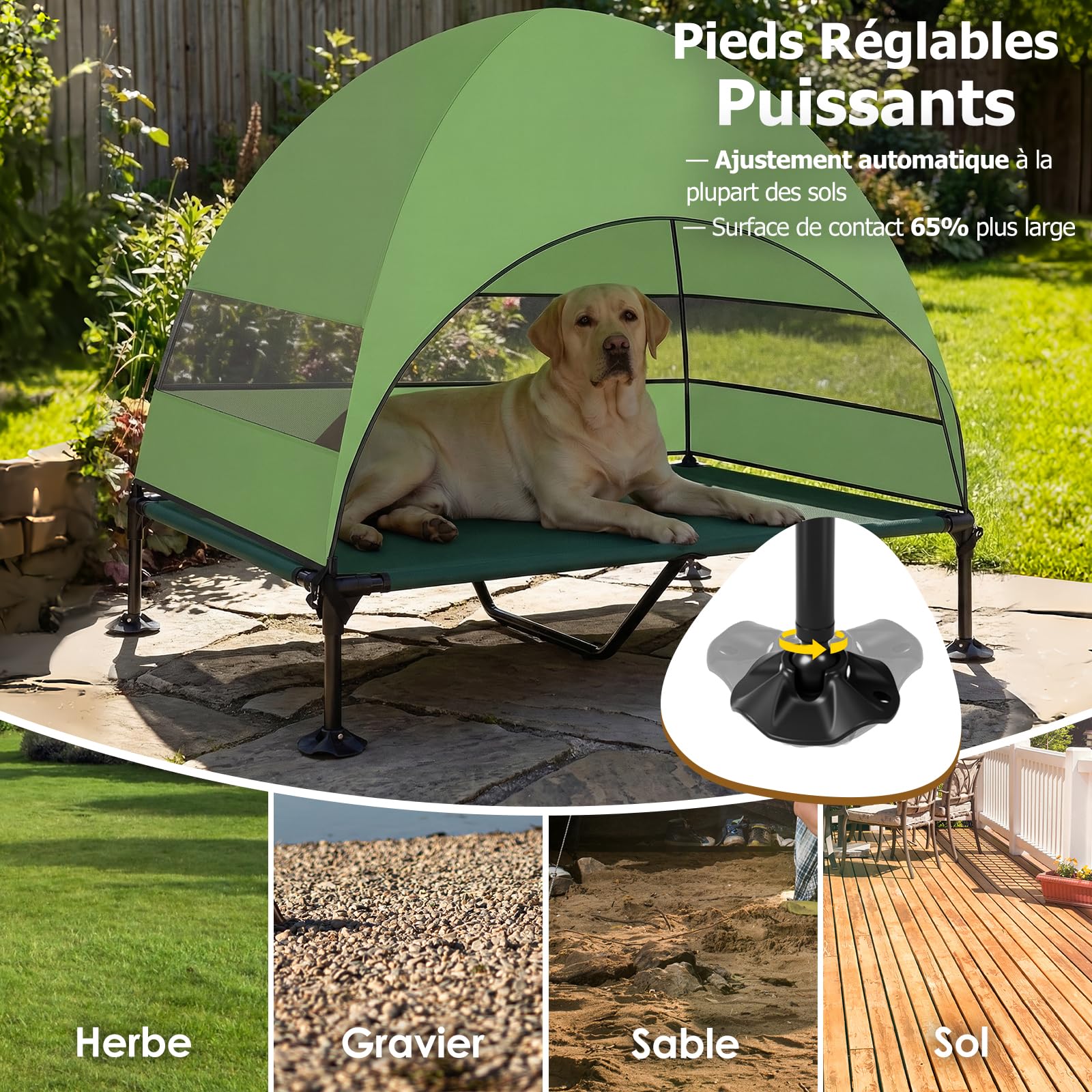 Panier pour Chien Surélevé avec Toit, Pliable avec Pieds Antidérapants, Tente d'extérieur avec Grande Ombre, Lit Rafraîchissant pour Chien, pour Camping, Jardin, Plage et Piscine (Vert, XL)