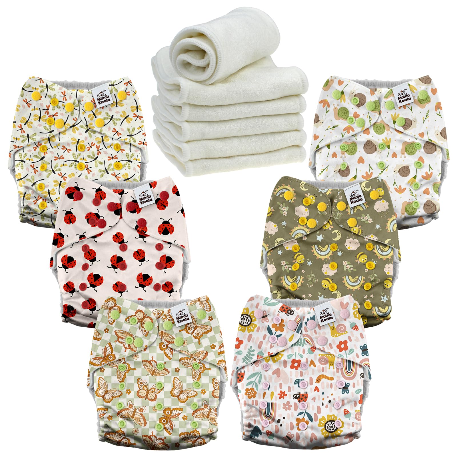 Mama Koala 6 Pack Reusable Cloth Diapers 3.0 for Babies Girls Newborn, One-Size Adjustable Baby Diaper, Durable Stitching, Back Opening for Inserts, Breathable Awj Lining, Leak Prevention-Critter Pals