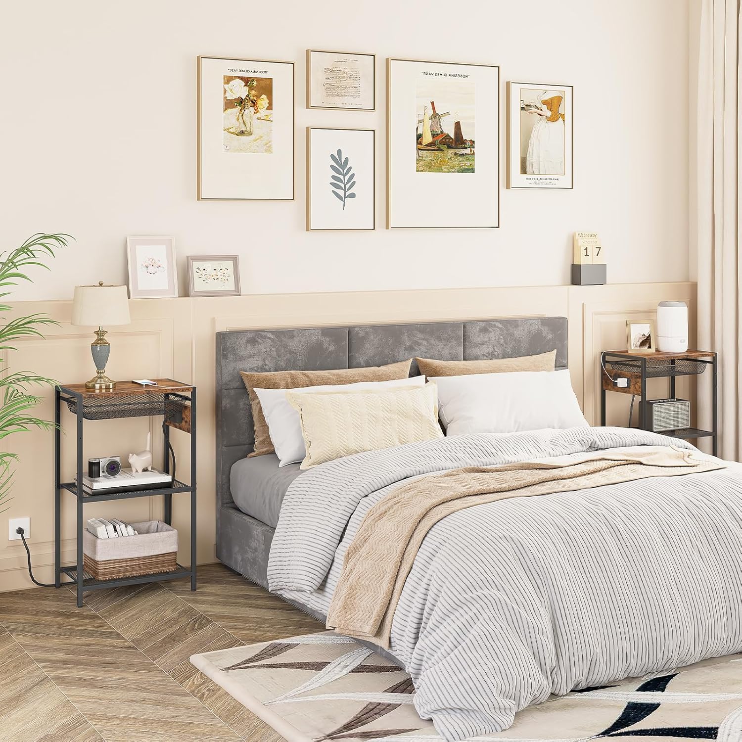 HOOBRO Tall End Table with Charging Station, Industrial Telephone Table with Adjustable Metal Storage Basket, Tall Nightstand for Living Room, Bedroom, Office, Rustic Brown BF06UDH01