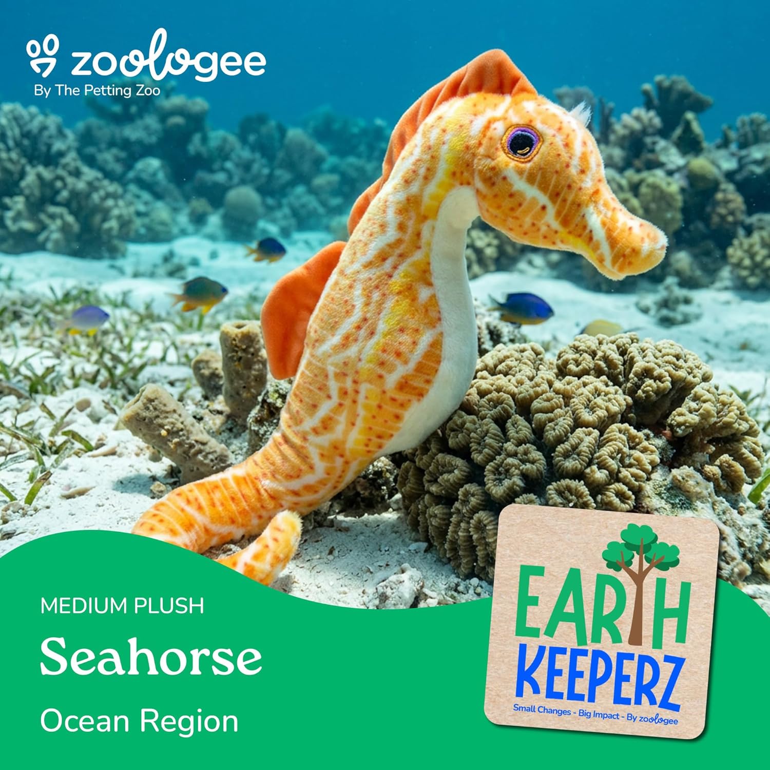 The Petting Zoo Seahorse Stuffed Animal Plushie, Gifts for Kids, Earth Keeperz Sealife Animals, Zoologee Orange Seahorse Plush Toy, 17 inches