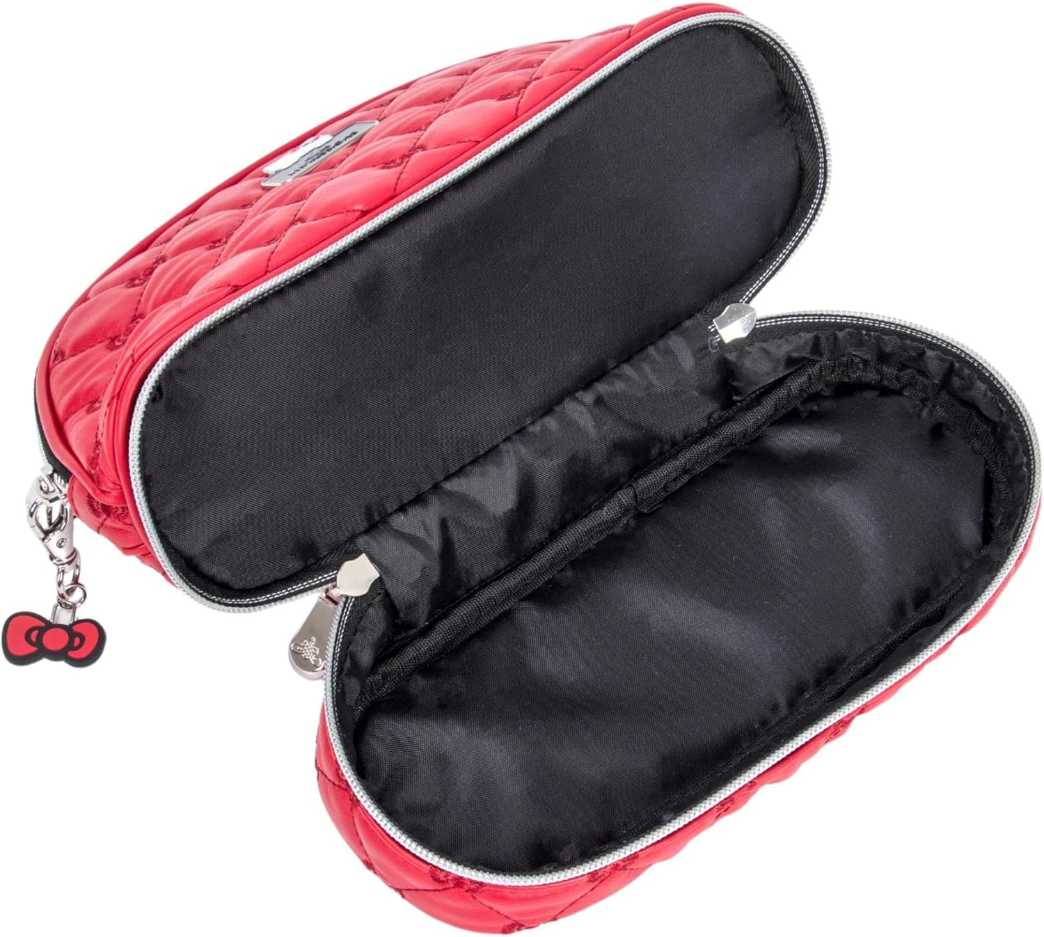 Impressions Vanity Hello Kitty Quilted Arch Travel Makeup Bag Organizer, Hello Kitty Bows Embroidered with Enamel Logo Plate, Bottom Zipper Cosmetic Bag, Black Polyester Lined Interior, Inner Pocket