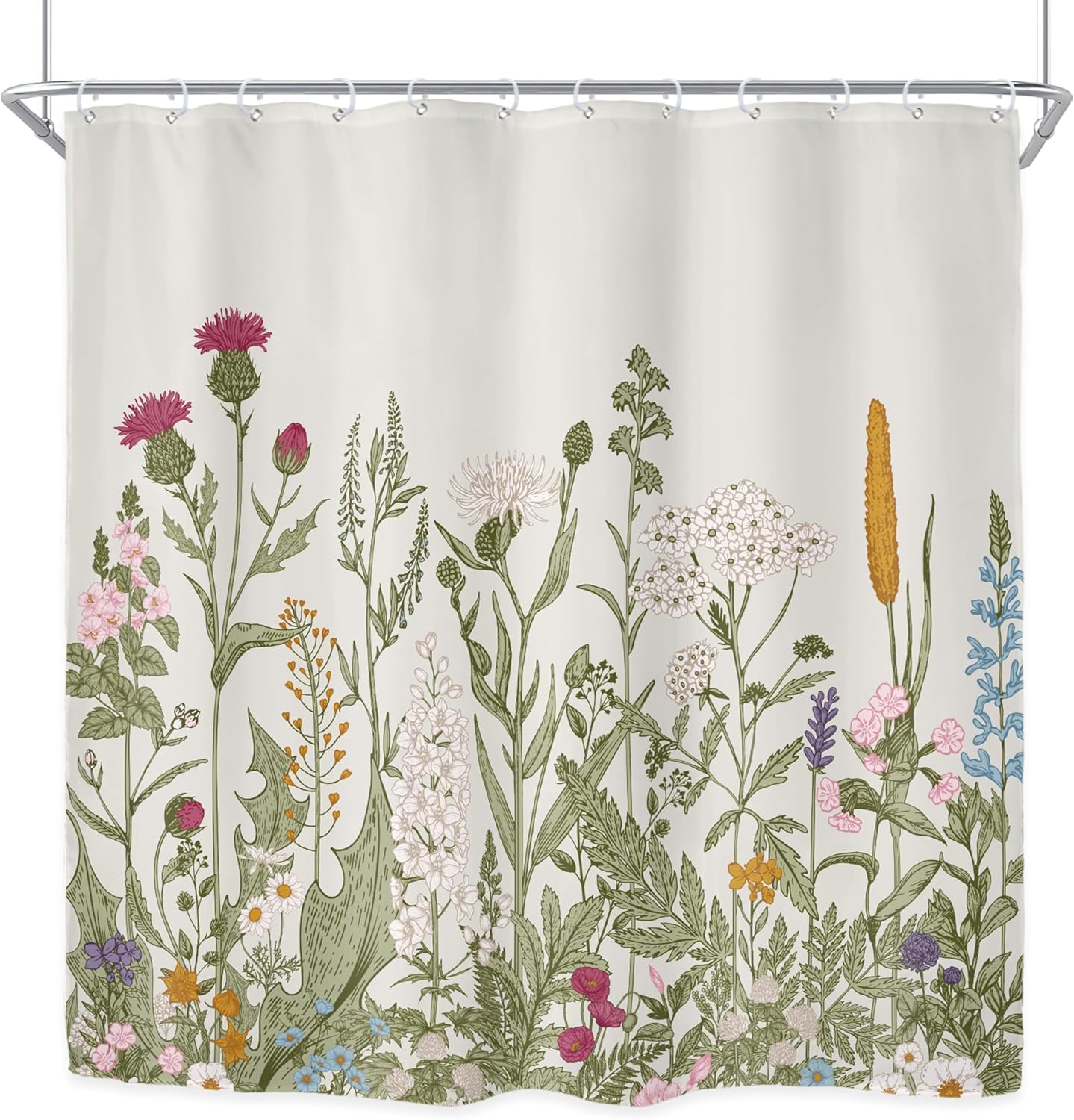 Riyidecor Fabric Wildflower Botanical Shower Curtain for Bathroom Decor 72Wx74H Inch Floral Flower Plant Herbs Green Leaves Decorative Bath Set Bathroom Accessories Polyester Waterproof 12 Pack Hooks