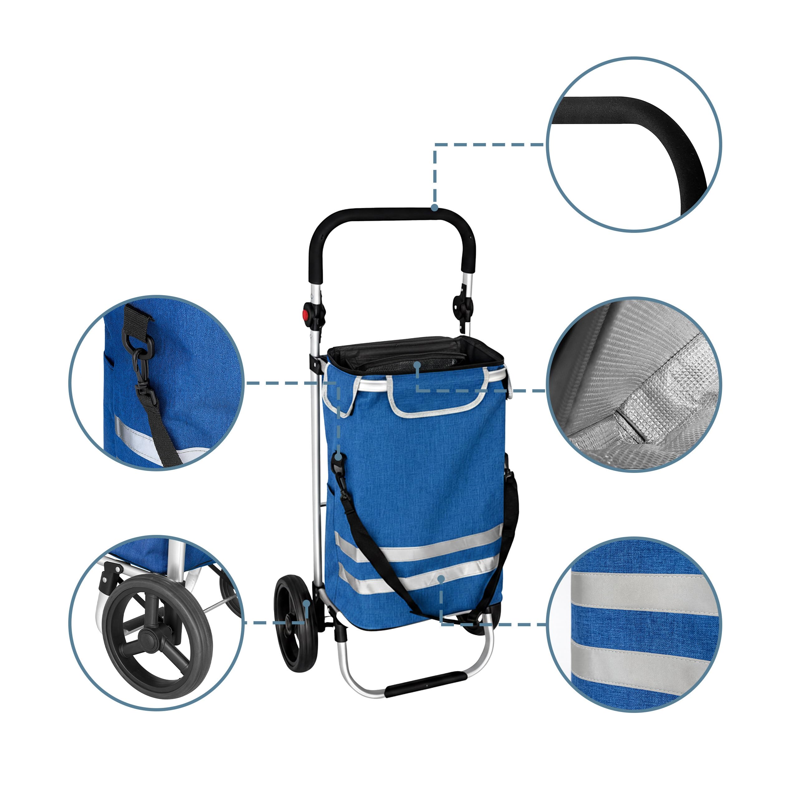 Carrello della Spesa Relaxdays, 2 Ruote Grandi, Tasca Termica, Borsa Rimovibile, 45 l, Fino a 35 kg, Pieghevole, Blu