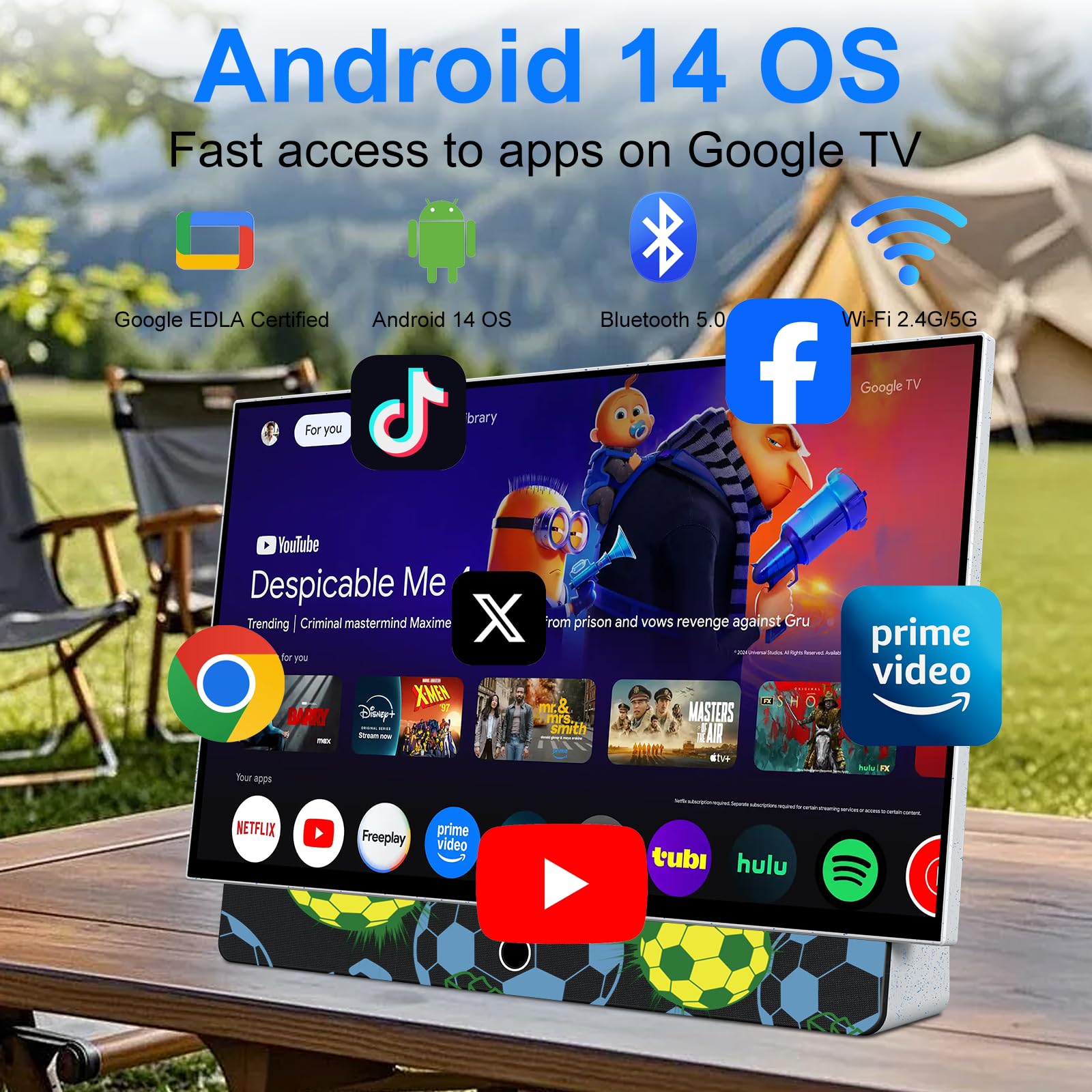 27 Inch Portable Smart TV, Android 14 OS, Built-in Battery Powered, FHD HDR Display, 60Hz Refresh Rate, Dolby Audio, WiFi, Chromecast, Voice Remote, for Bedroom, Game Day Parties, Camping & Travel