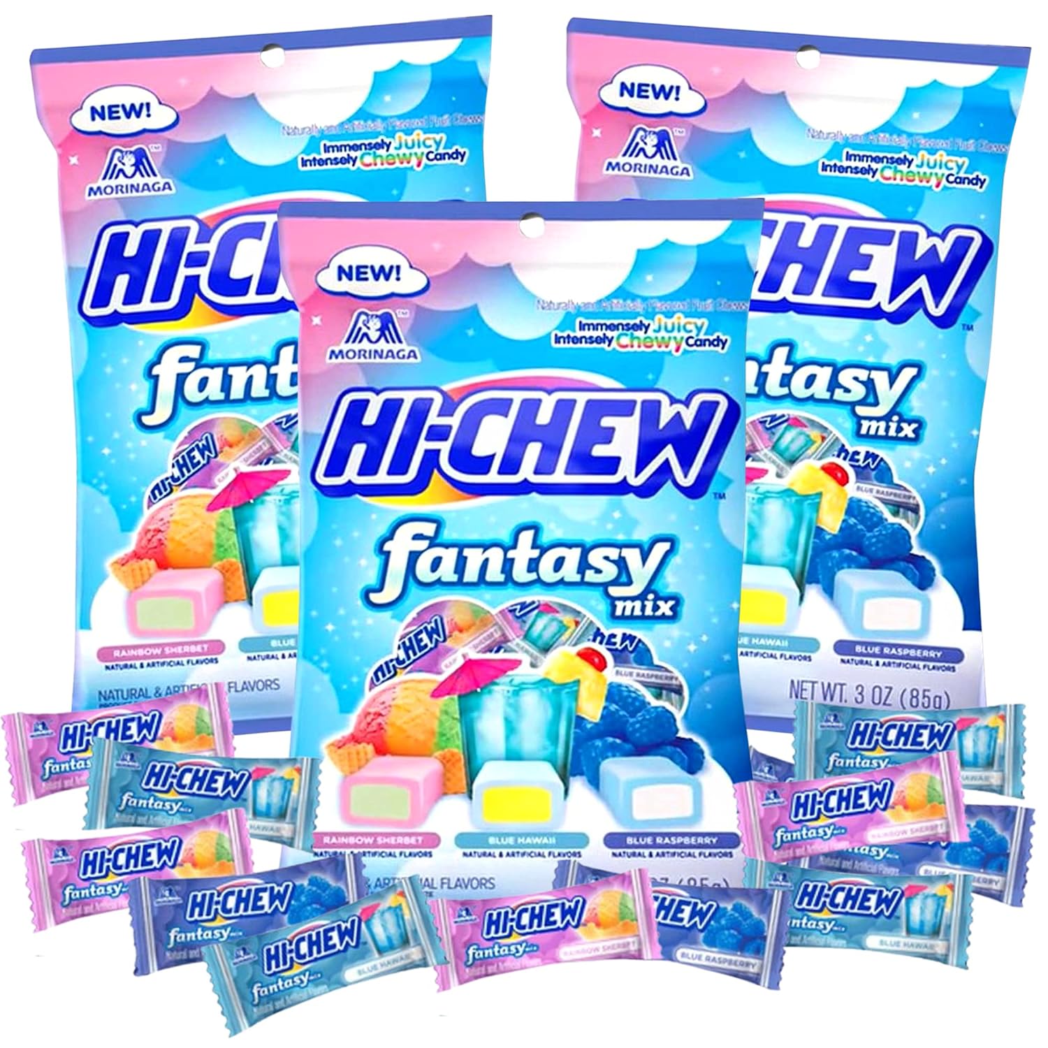 Tropical Candy Chews Individually Wrapped Fruity Flavored Soft Candies, Sharable Bite Size Treats, On the Go Bags, Pack of 3