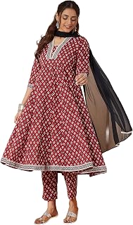 Janasya Women's Maroon Pure Cotton Ikkat Printed Anarkali Kurta Set Price In India