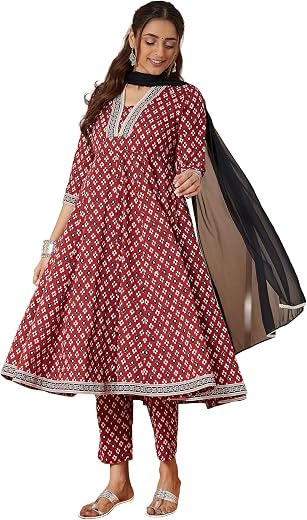 Janasya Women's Maroon Pure Cotton Ikkat Printed Anarkali Kurta Set