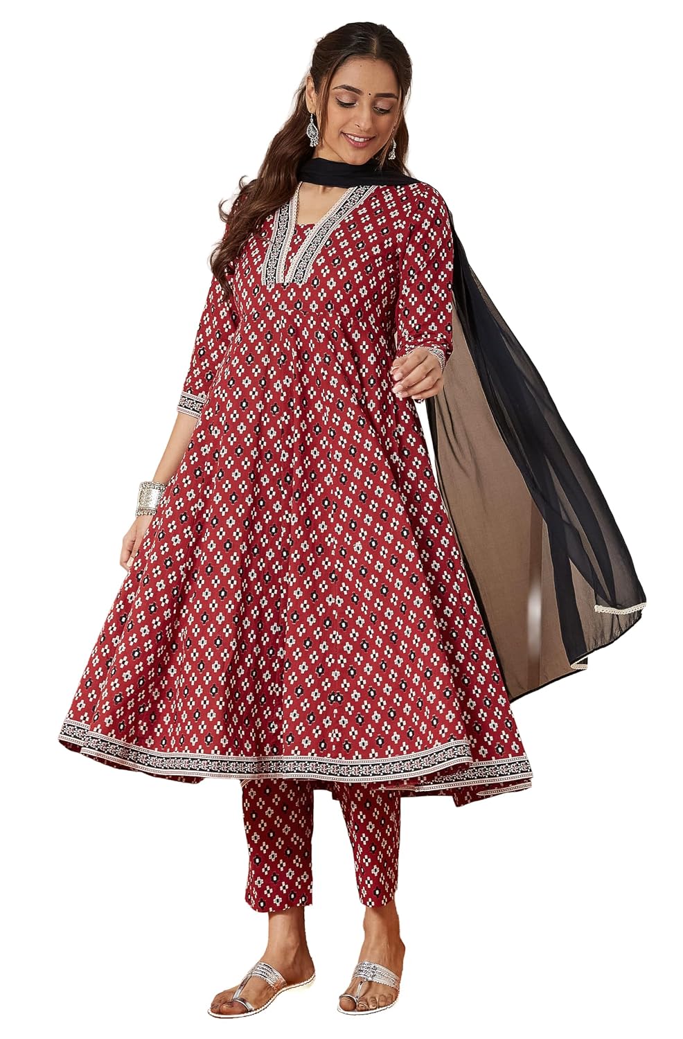 Janasya Women's Maroon Pure Cotton Ikkat Printed Anarkali Kurta Set - Review, Price and Buying Guide