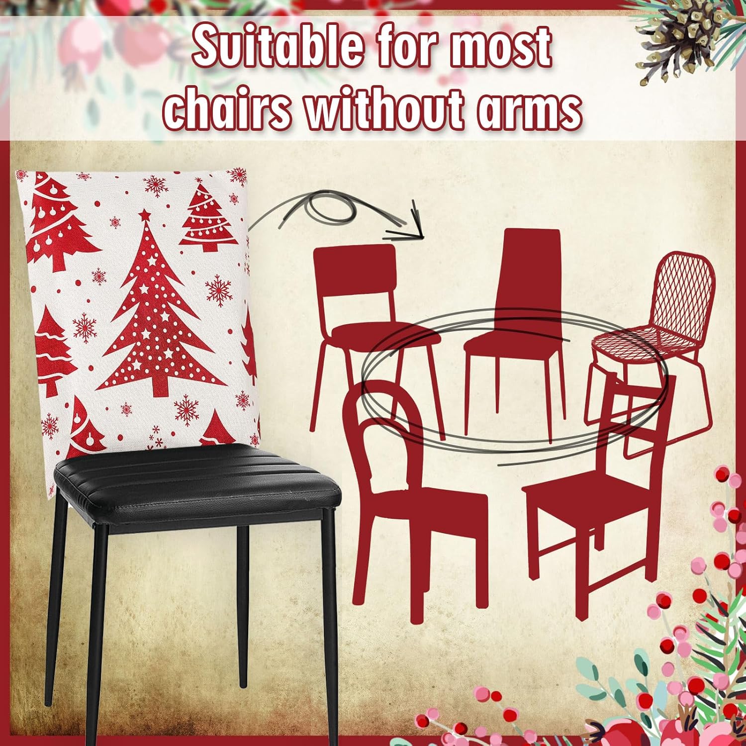 Whaline 6Pcs Christmas Chair Covers Classic Red Chair Back Covers Winter Xmas Tree Snowflake Elk Dining Room Seat Covers Washable Chair Slipcovers for Home Kitchen Hotel