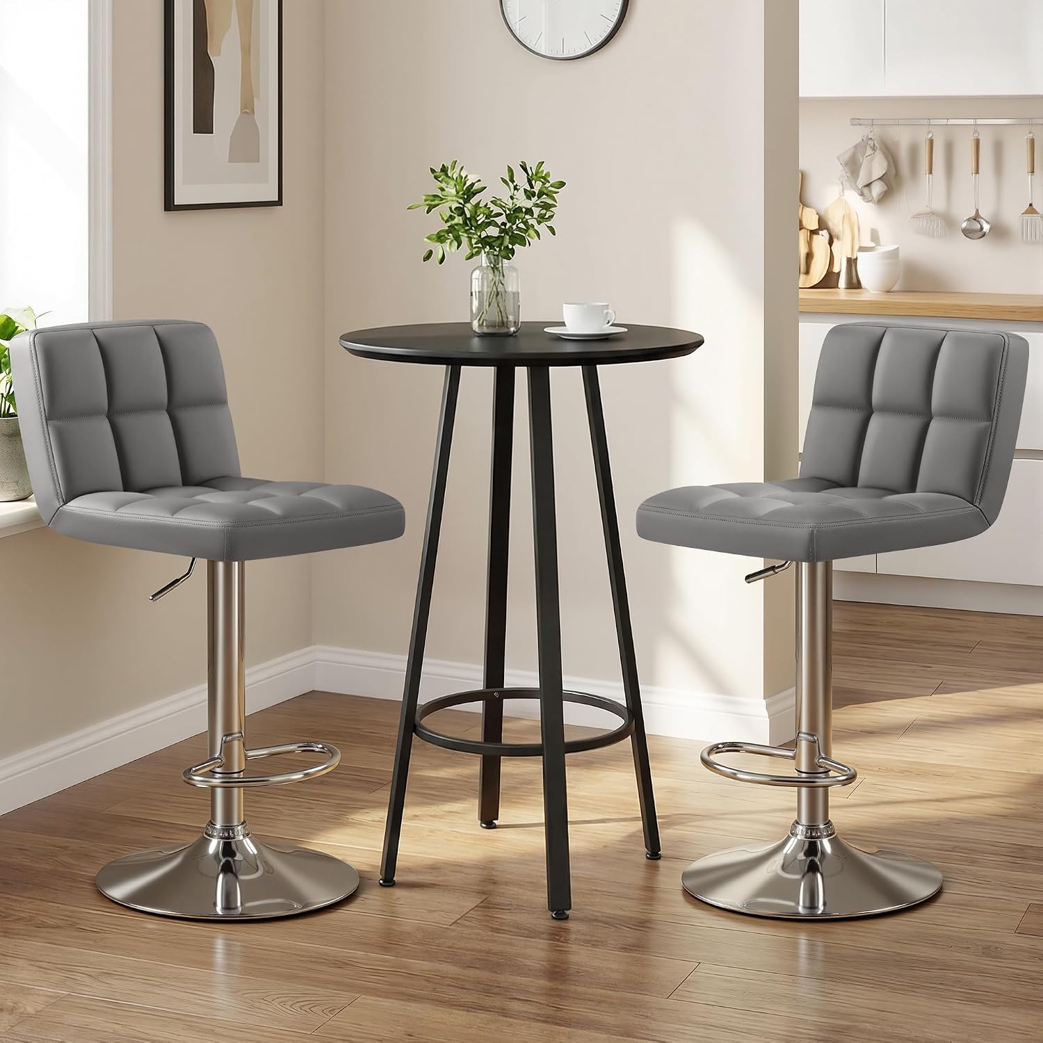 Shahoo Bar Stools Set of 2, Adjustable Height Armless Barstools Swivel Faux Leather Upholstered Kitchen Counter Stools with Mide Back and Footrest, Island Barstool for Kitchen Island, Bar, Dark Gray