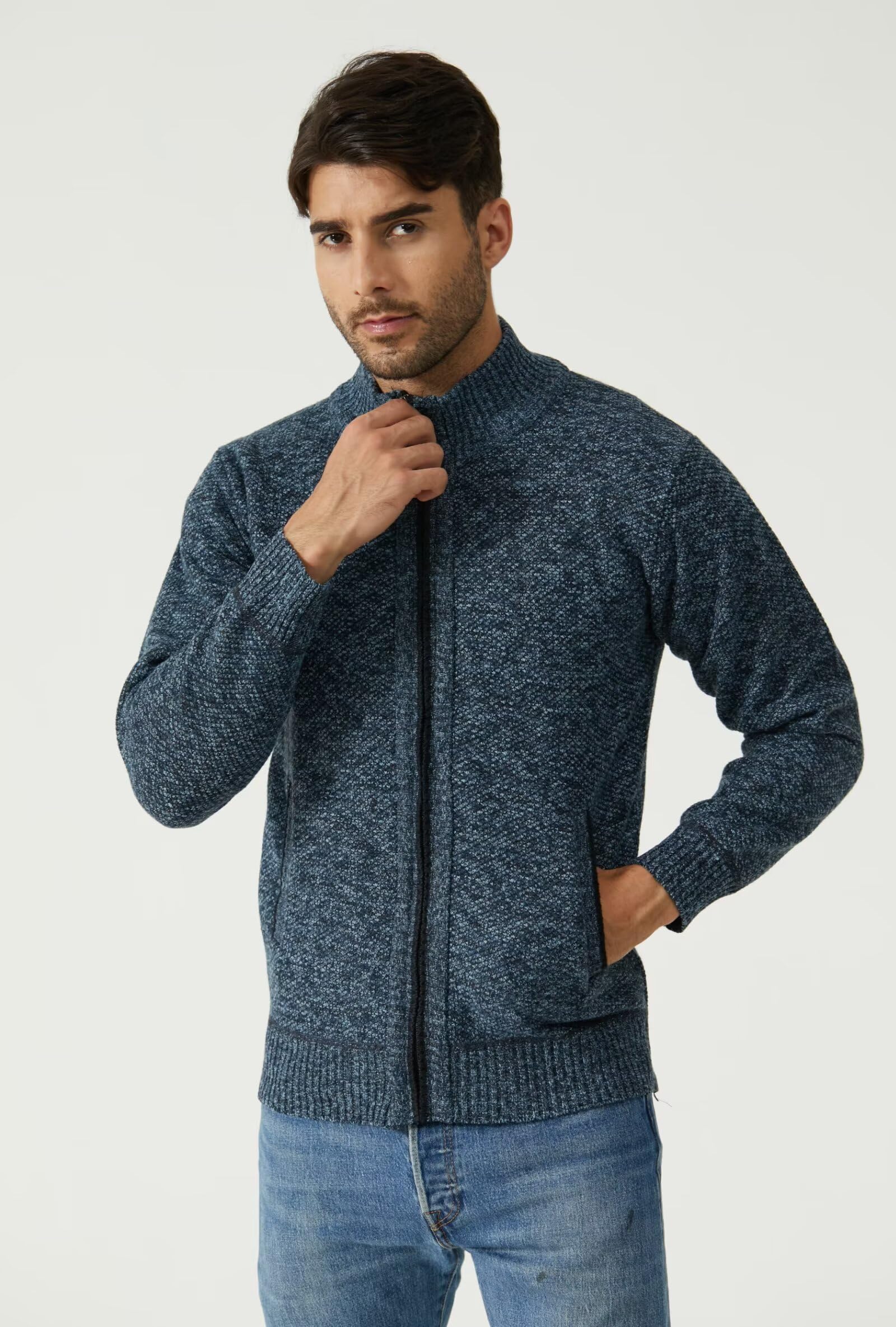 Suéter de Punto Grueso para Hombre, de Cuello Alto, Informal, de Punto, Color Liso, con Bolsillo, Cremallera Frontal Completa, Estilo clásico, Forro Polar, térmica, cálida, para Hombre