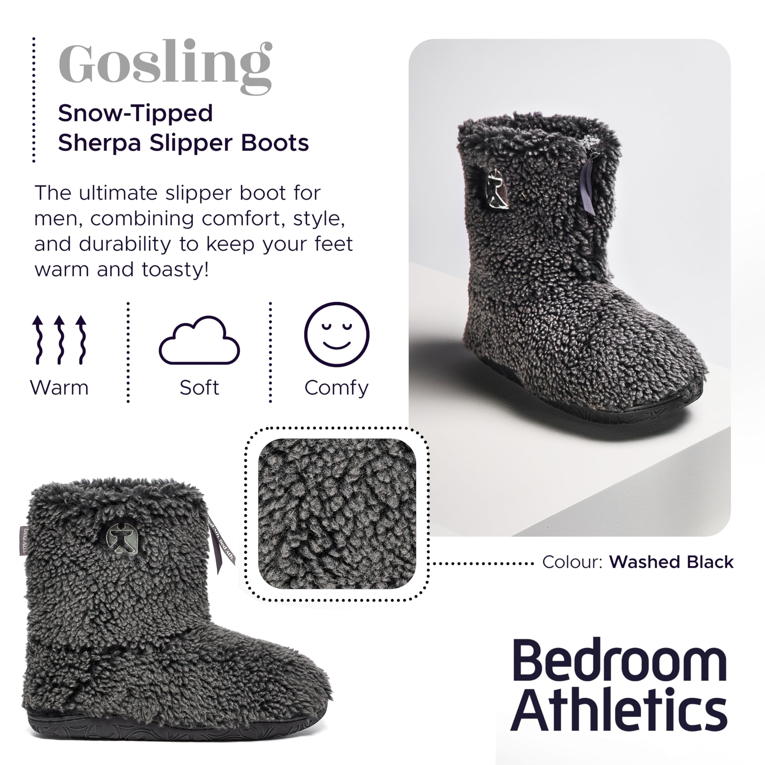 Bedroom Athletics Gosling - Pantuflas de sherpa con punta de nieve para hombre, suaves, cálidas, con cierre de cremallera, espuma viscoelástica, duraderas, lavables a máquina