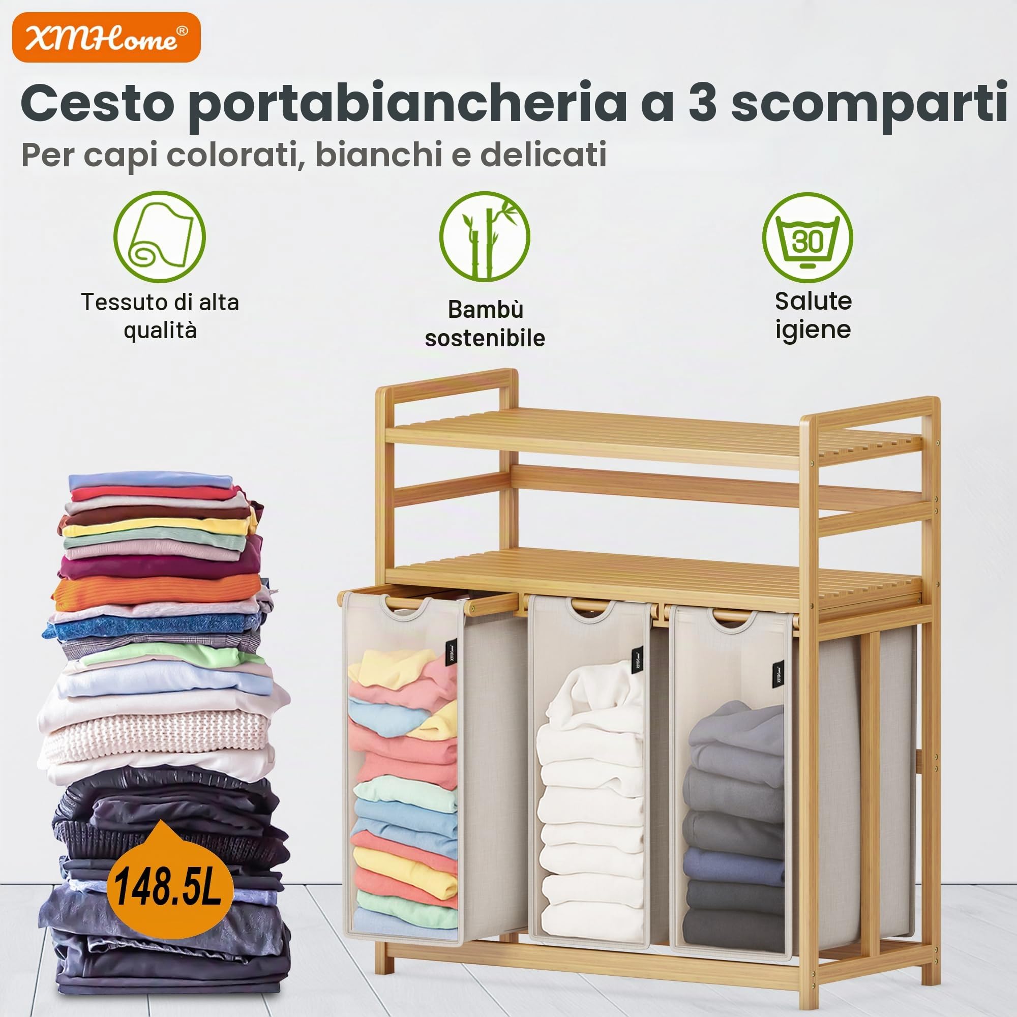 Cesto portabiancheria rettangolare in bambù a 3 scomparti, 148 l, a 2 livelli, con sacchetto portabiancheria rimovibile, per bagno, camera da letto e lavanderia, 77,5 x 41,3 x 100,5 cm, grigio
