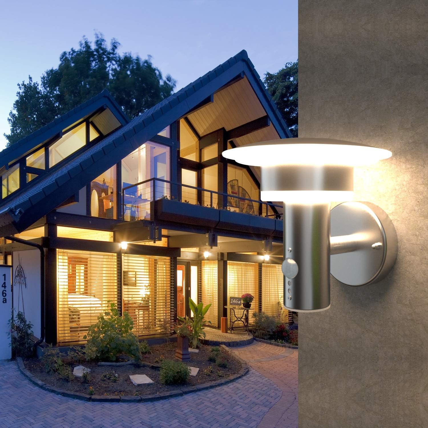 Black Friday Sale 2022 NBHANYUAN Lighting LED Outdoor Wall Light Fixtures with Motion Sensor Exterior Wall Sconce Silver Stainless Steel Weatherproof 3000K Warm Light Front Door Porch Light 110V 1000LM [Energy Class A+]