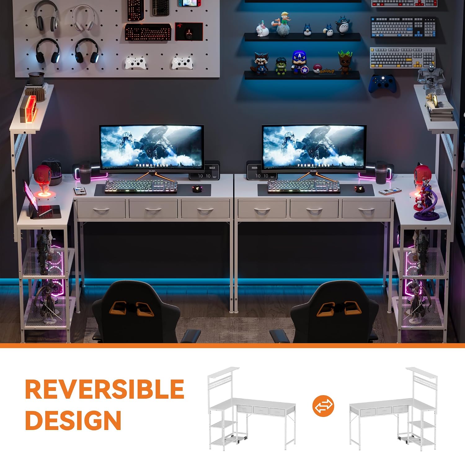 L Shaped Desk with 3 Drawers and Storage Shelves, Reversible Computer Desk with Bookshelf for Home Office, Corner Computer Desk with LED Lights, Power Outlets and Storage Bad,with 3-Tier Storage Shelf