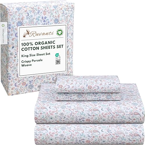 RUVANTI - Juego de sábanas King, 100% algodón orgánico, percal, certificado GOTS, 4 piezas, bolsillo profundo de 15 pulgadas, frescas,