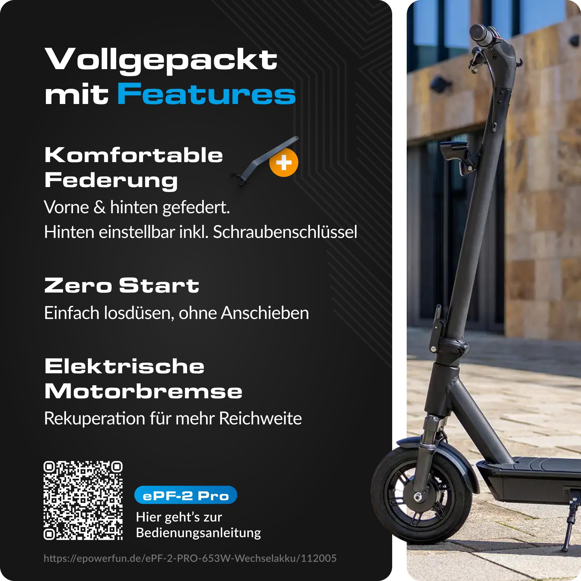 ePowerFun ePF-2 PRO 653W | E-Scooter Straßenzulassung | 80km Reichweite | 45 km Reichweite, 1200 W Peak, 500 W Heckantrieb, 9 Zoll Luftreifen, Blinker vorn + hinten, App-Wegfahrsperre, IP65