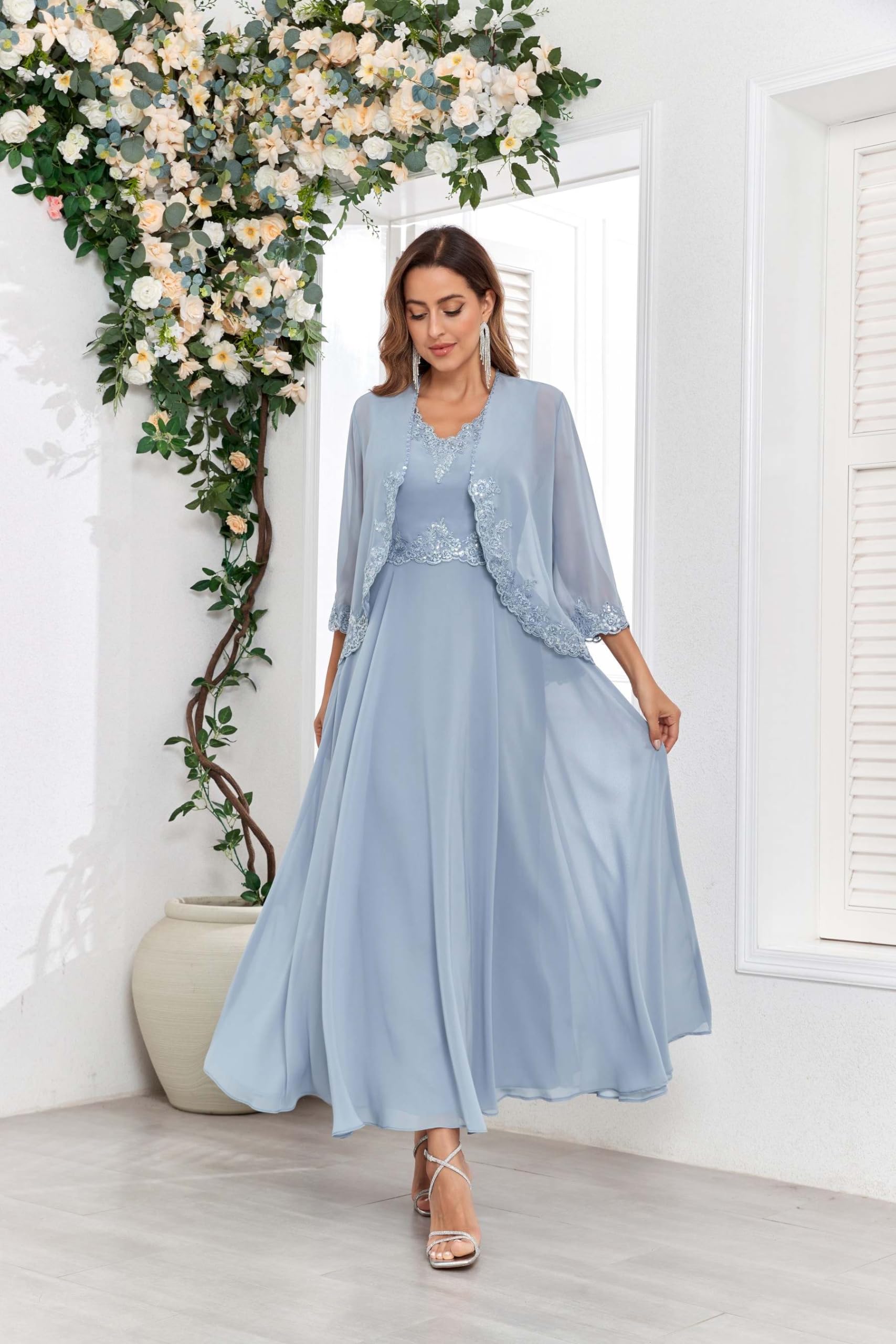 Snapklik.com : Bolodoo Ankle Length Mother Of The Bride Dresses Plus Size  Dusty Blue Classy 3/4 Sleeve Petite Chiffon Formal Gown