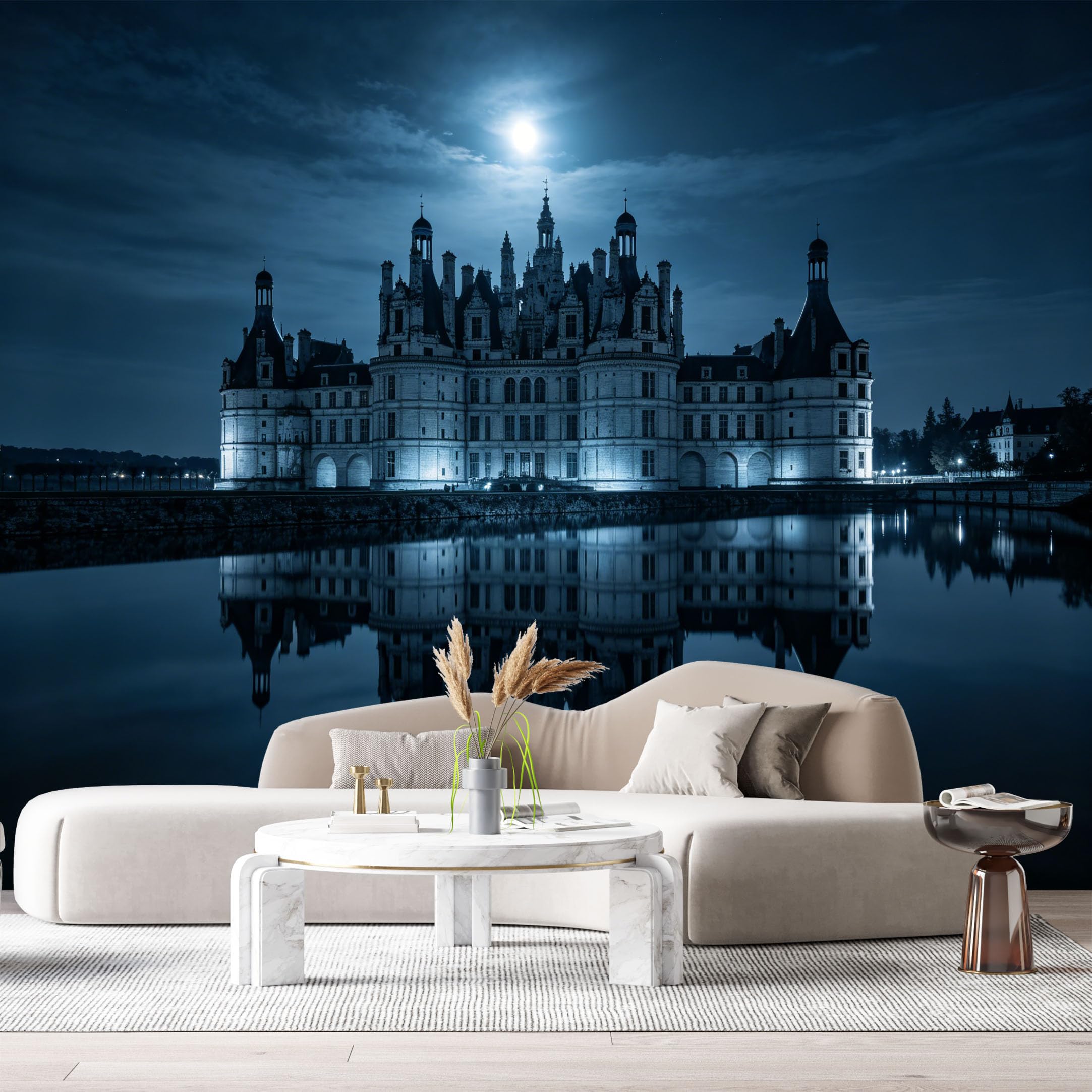 Custom Size Wall Murals Night Palace Architecture Monochrome Reflection Lake SelfAdhesive Wall Fabric Removable Large Wallpaper for Photo Living Room