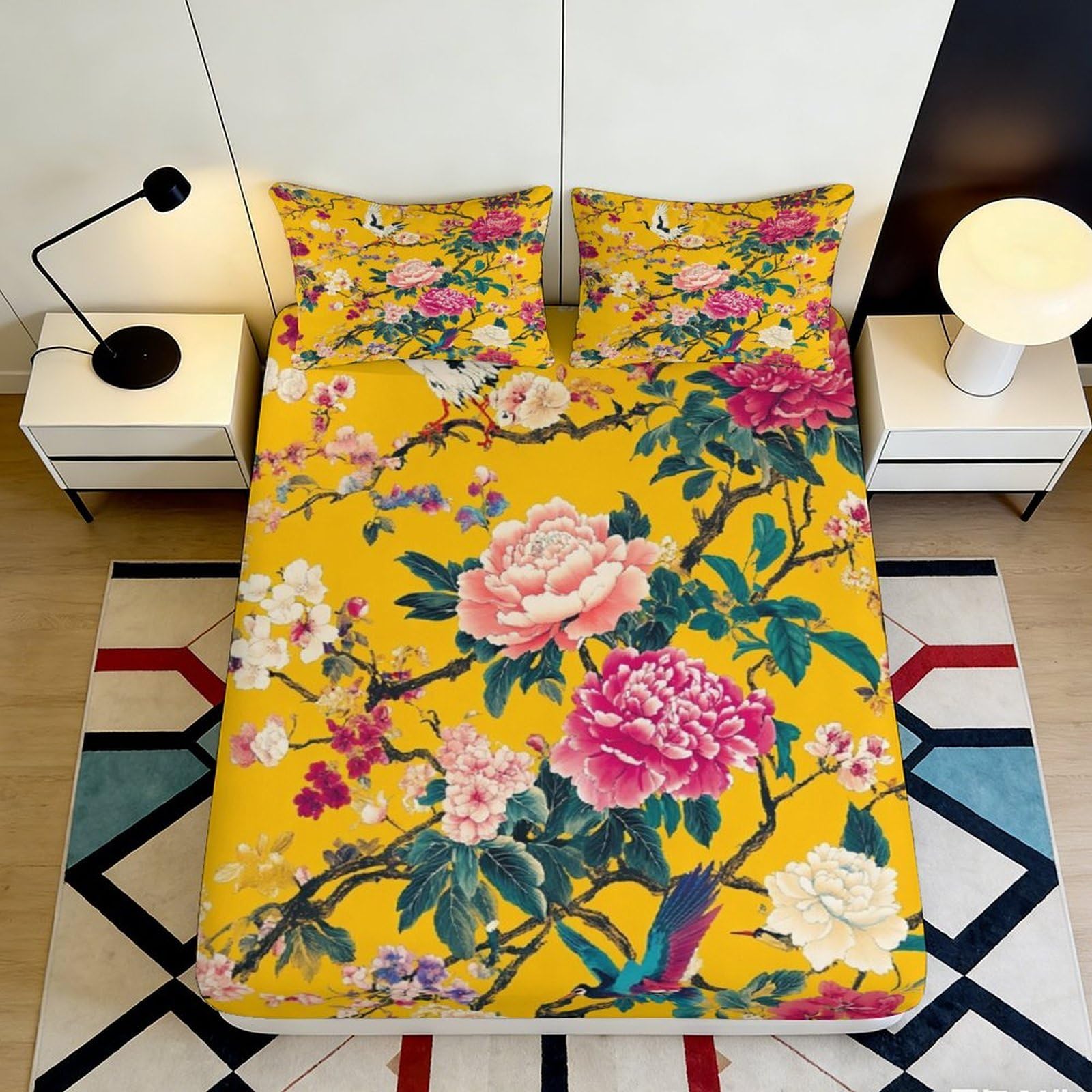 3D Printed Peony Blossom Fitted Sheet Microfiber Yellow Bird Branch Mattress Cover for Bedroom Guest Room Decor 120x200x25cm