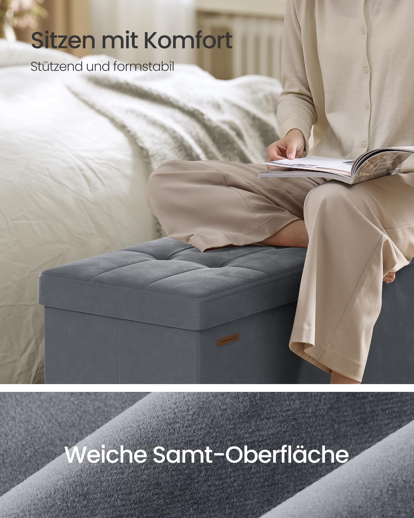 SONGMICS Sitzbank mit Stauraum, Hocker faltbar, 38 x 110 x 40 cm, Aufbewahrungsbox mit Deckel, Fußhocker 112 L, Samt, bis 300 kg belastbar, Flur Wohnzimmer Schlafzimmer, schiefergrau LSF0518G02