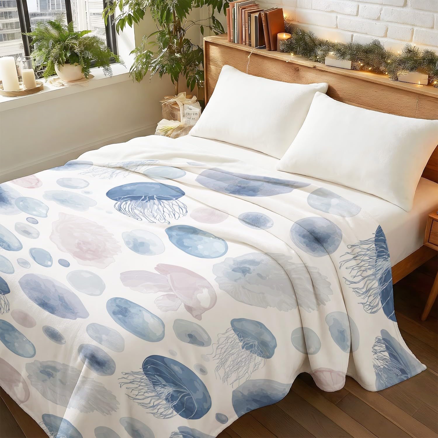 Générique Koc flanelowy w kratę 180 cm x 200 cm gruby ciepły jesienny koc polarowy, spokojny sen miękki świeży ocean morskie stworzenia puszyste lekkie koce