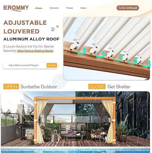 Miniatura 3 de EROMMY Pérgola con listones de 11 x 13 pies, para exteriores, con marco de grano de madera de aluminio y techo ajustable de metal resistente a la