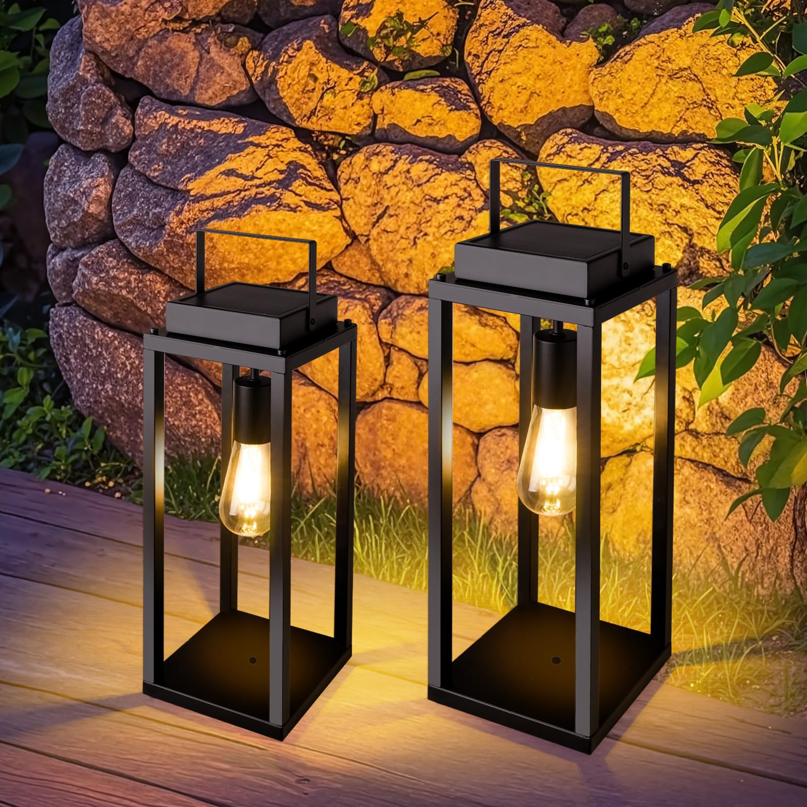 Outdoor Solar Floor Lamp, Waterproof Large Metal Solar Powered Lantern with Handle, 22" 19" Tall for Patio, Backyard, Pathway, Porch Decor(Large+Small)