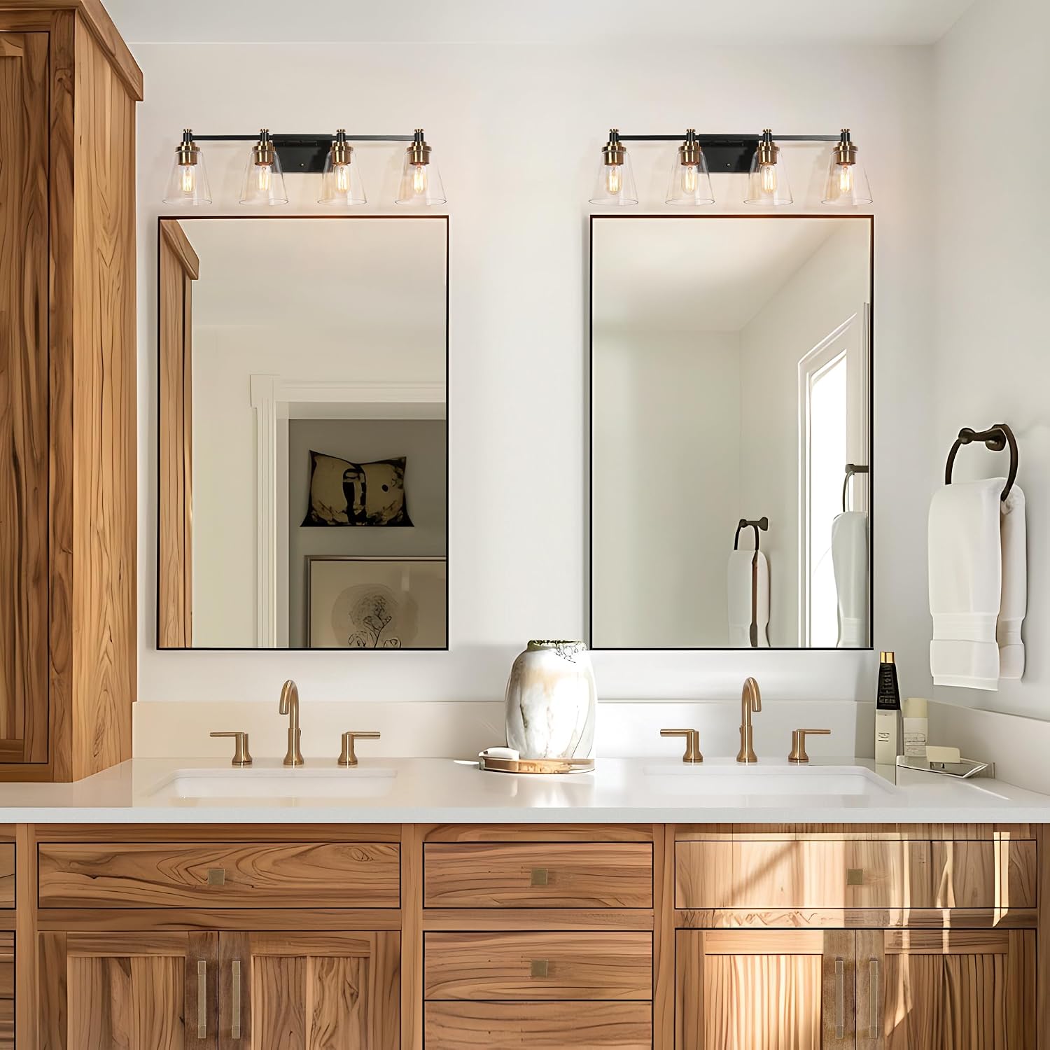 KSANA 4-Light Bathroom Light Fixtures, Electroplated Black and Gold Modern Vanity Lights Over Mirror with Clear Glass Shade, Bathroom Wall Lamp for Mirror Kitchen Living Room Bedroom