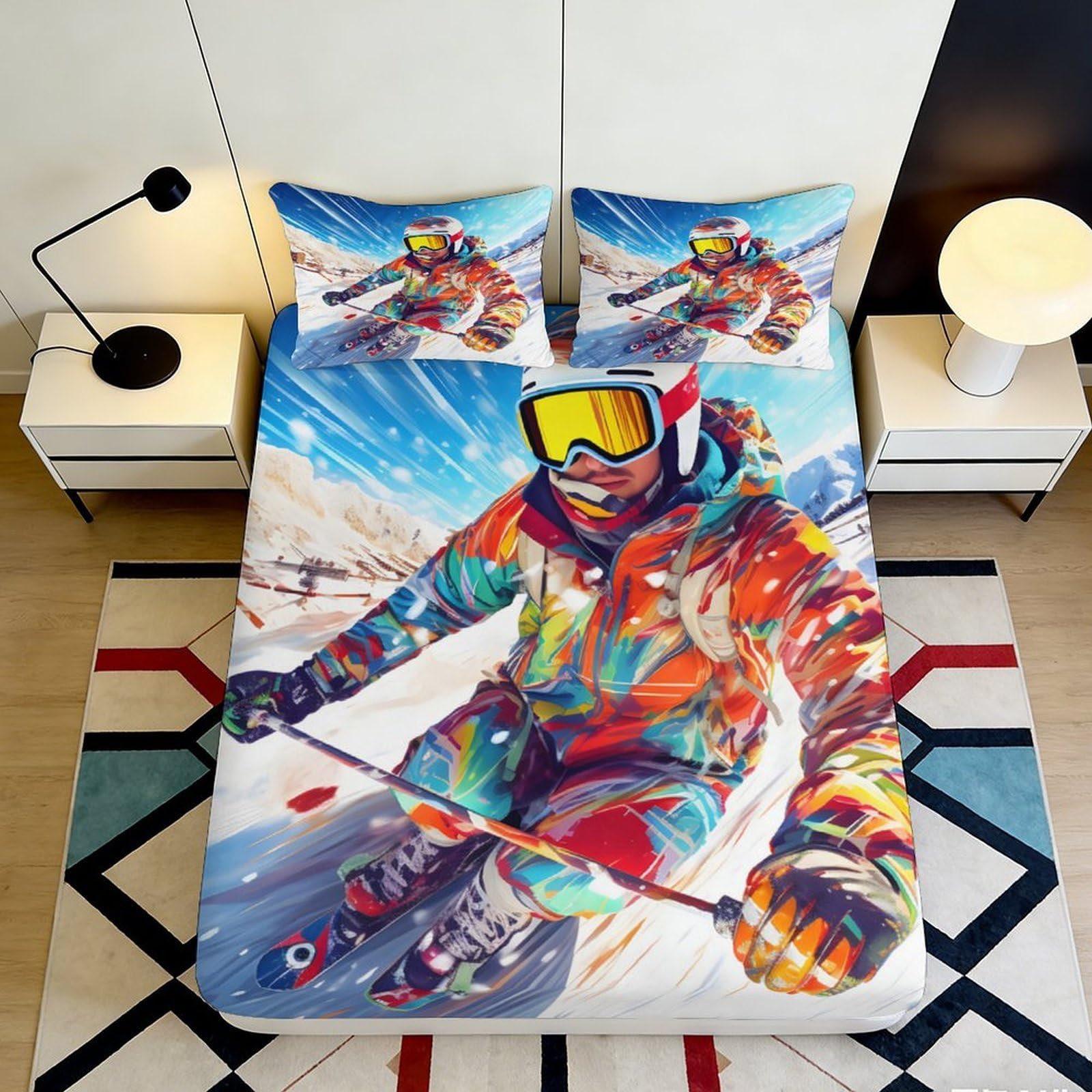 3D Printed Ski Adventure Fitted Sheet Microfiber Soft Colorful Skiing Scene Mattress Cover for Bedroom Guestroom 160x200x25cm
