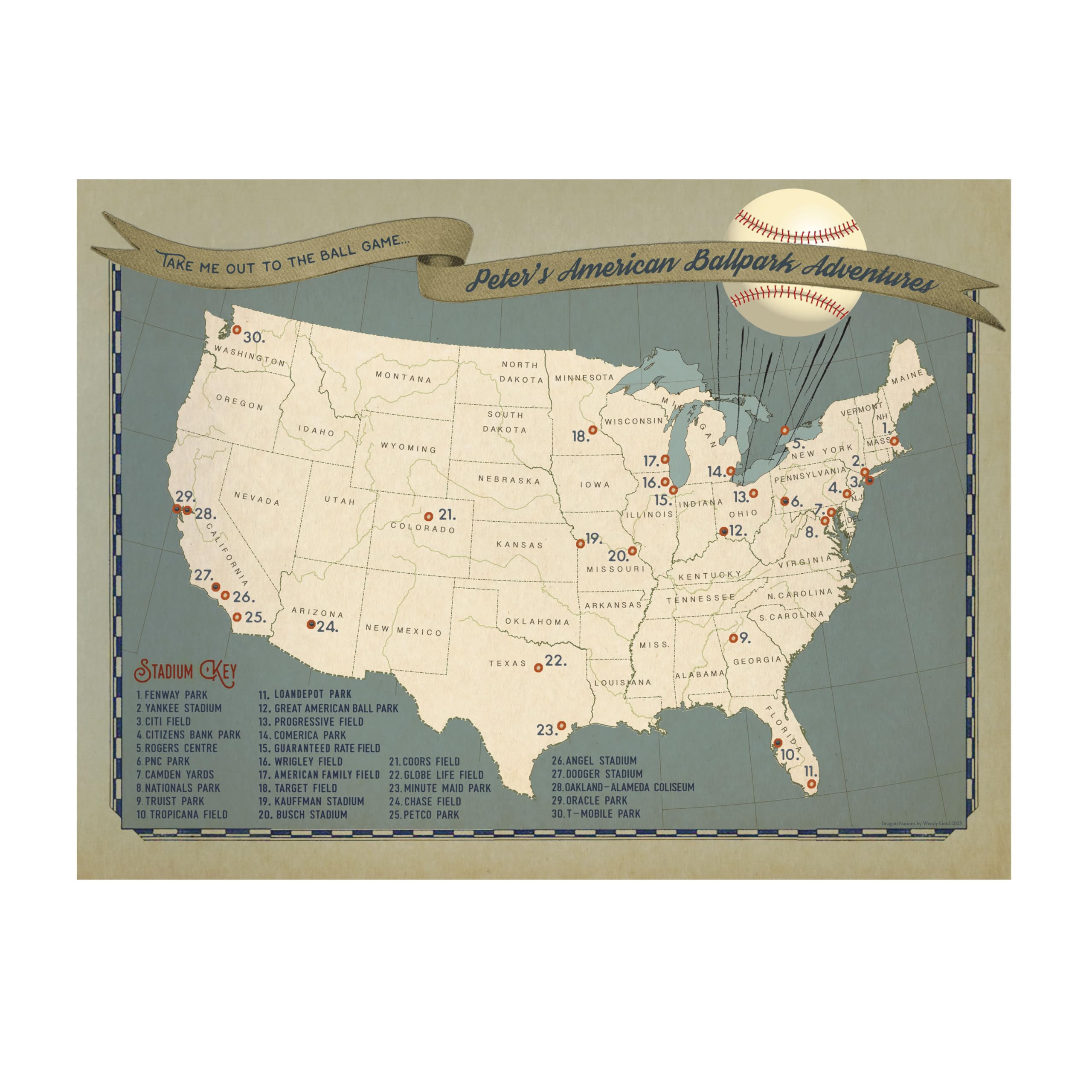 USA メジャーリーグベースボール 【TEAM PINS MAP】 MLB Map - Ballparks and Teams - Baseball Stadium Wall Art