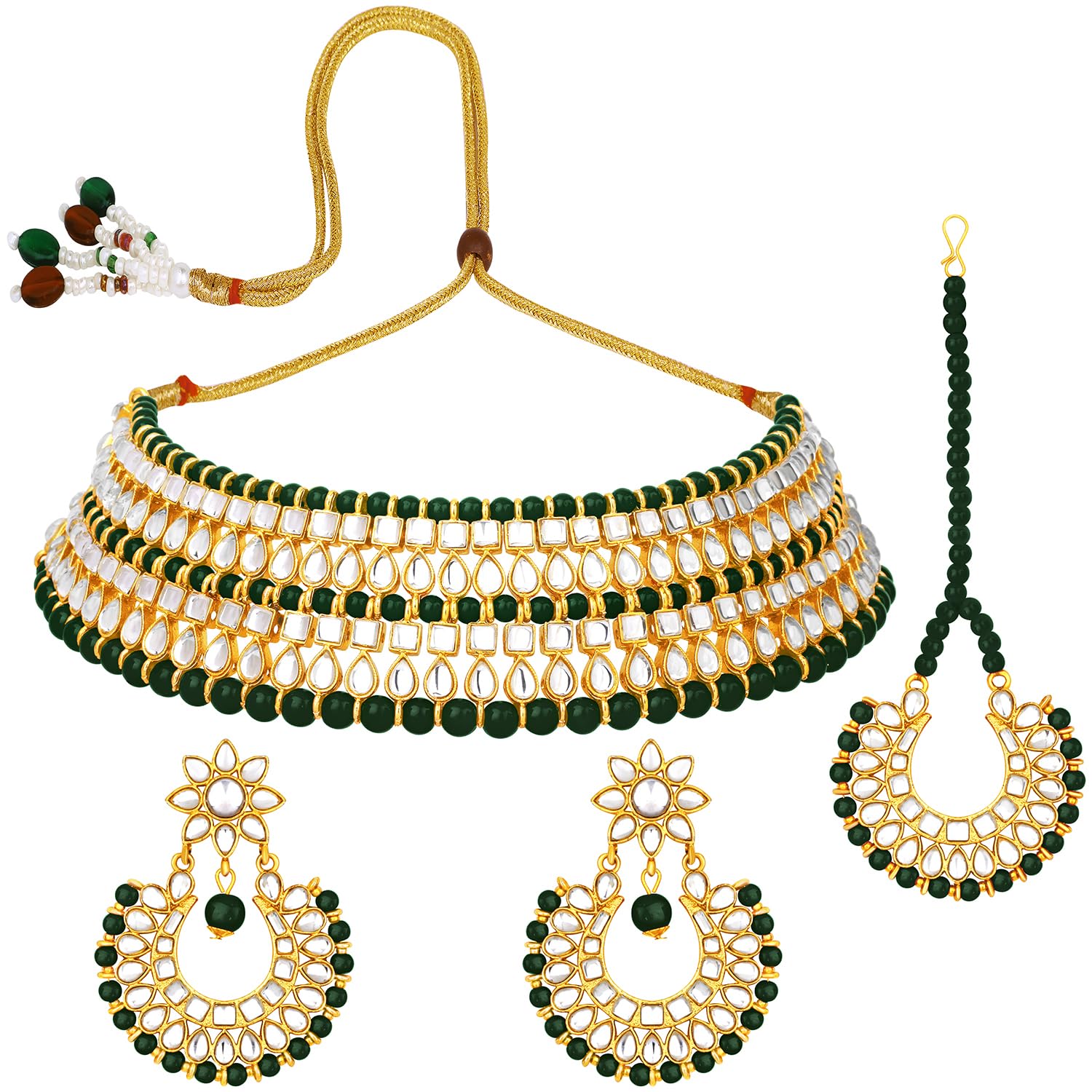 Peora Women Gold-Plated Kundan Choker Necklace Earring Maang Tikka Jewellery Set (B09R3N26V6) Amazon Price History, Amazon Price Tracker