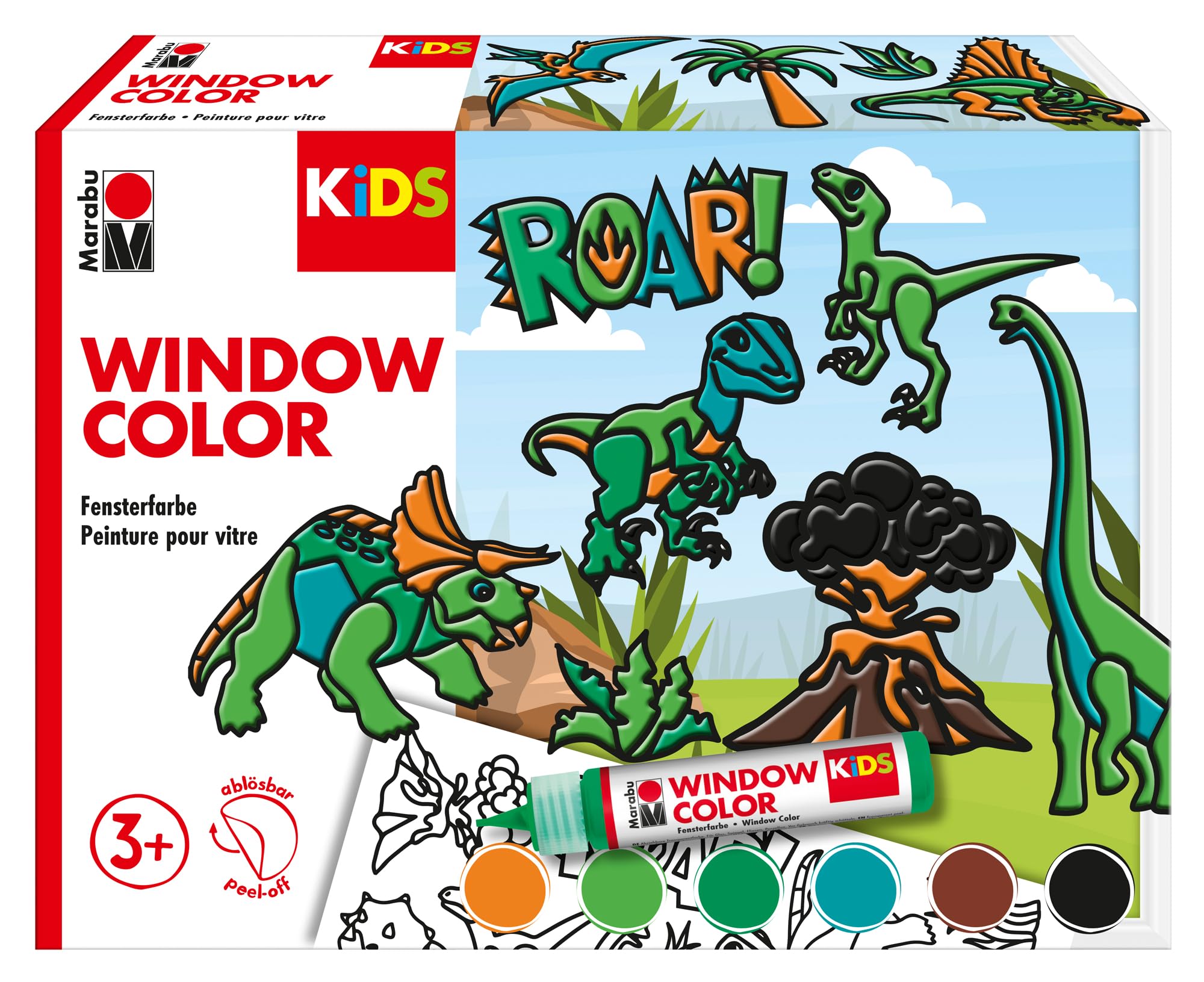 Marabu 306000000004 - KiDS Window Color Set "Dinosaurier", 6 x 25 ml Fensterfarbe auf Wasserbasis, 2 Malvorlagen in A3 und A4, 30 Motive, für Kinder ab 3 Jahren
