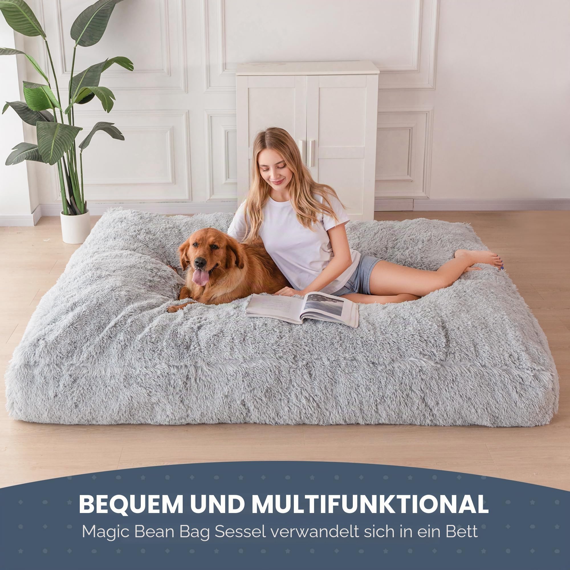 MAXYOYO Riesiges Sitzsackbett – umwandelbar vom Sitzsack zum Bett – großes Sofa mit Plüschbezug und Flauschiger Füllung im Lieferumfang enthalten, für Erwachsene, Paare, Gäste (Grau, Doppelt)