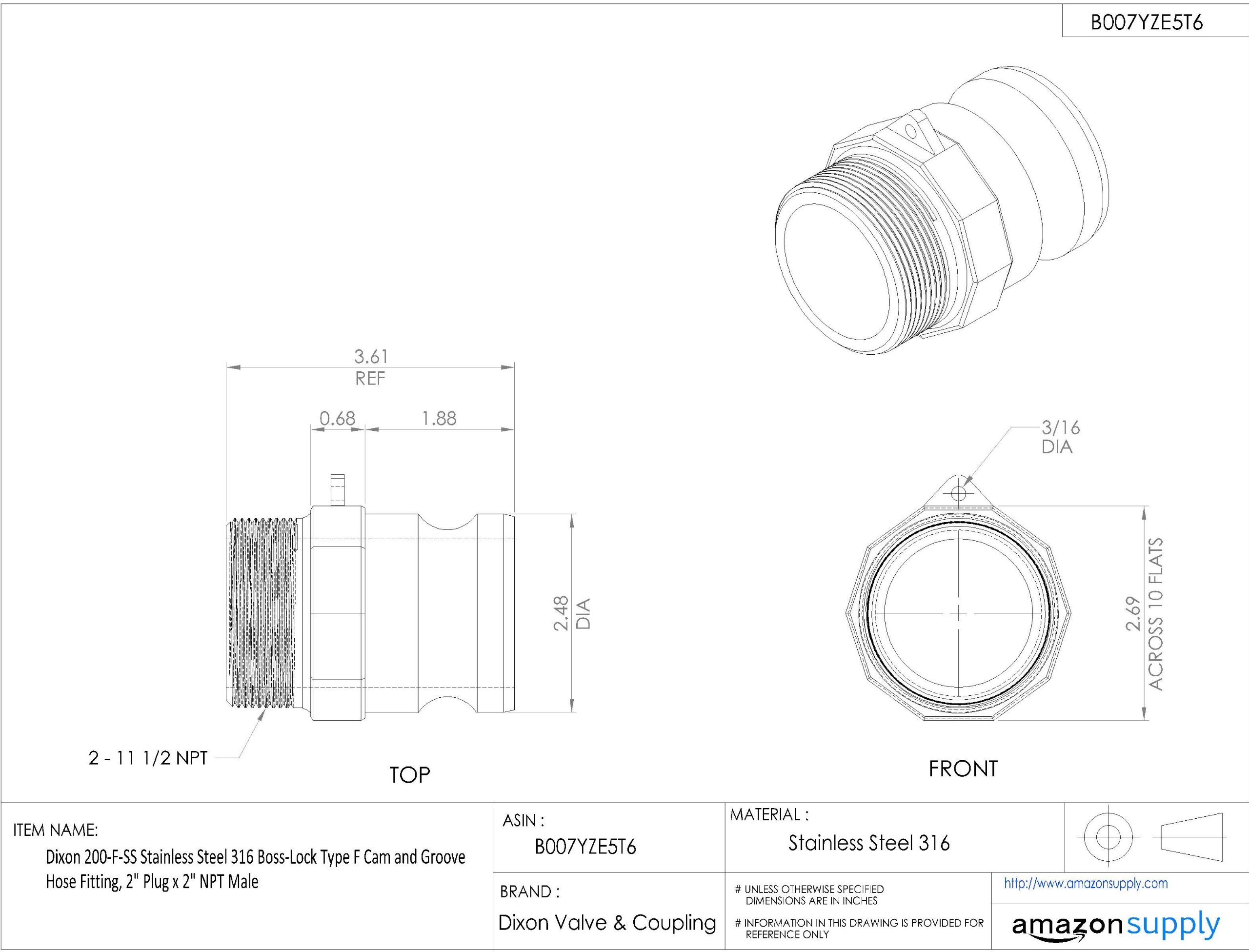 Dixon 200-F-SS Raccord de tuyau à canne et rainure en acier inoxydable 316 avec fiche de 5,1 cm x 5,1 cm NPT mâle