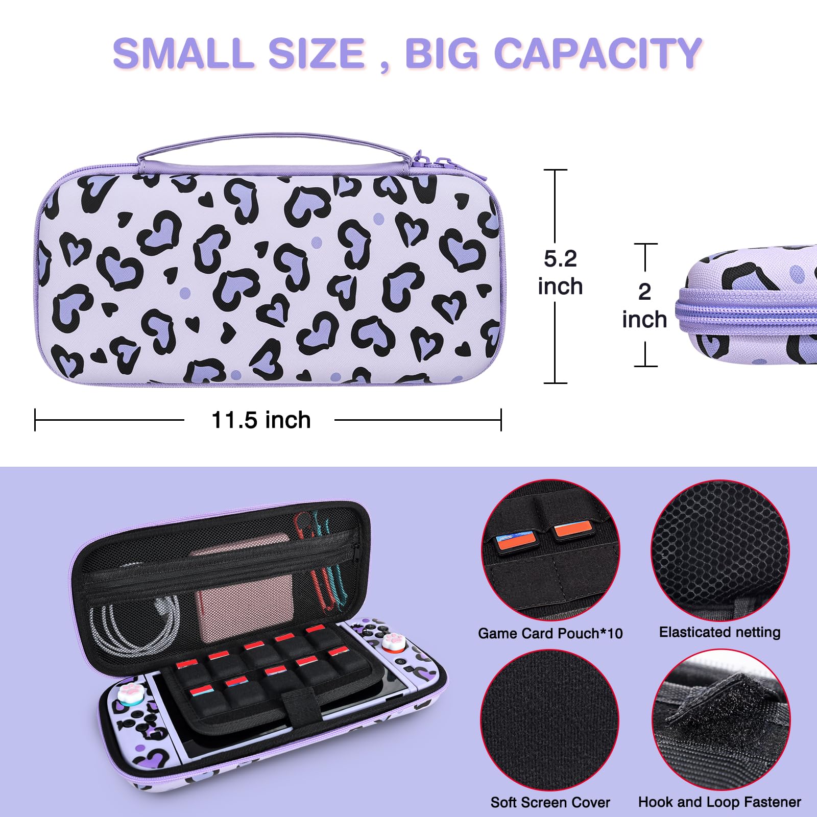DLseego Carry Case for Switch 2,Heart Leopard Portable Storage Travel Game Carrying Case with NS 2 Dockable Protective Cover,4PCS Thumb Grip Cap and 1PC Plush Heart Charm,Purple — view 6