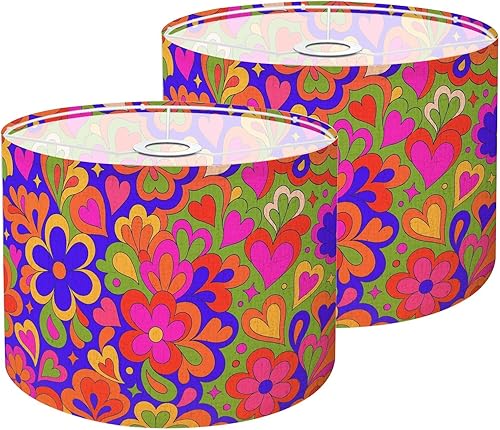 Lamp Shades Set of 2 Retro groovy 60s 70s seamless Old school psychedelic hippie design Drum Lamp Shades for Table Lamps Floor Lamps Pendant Light