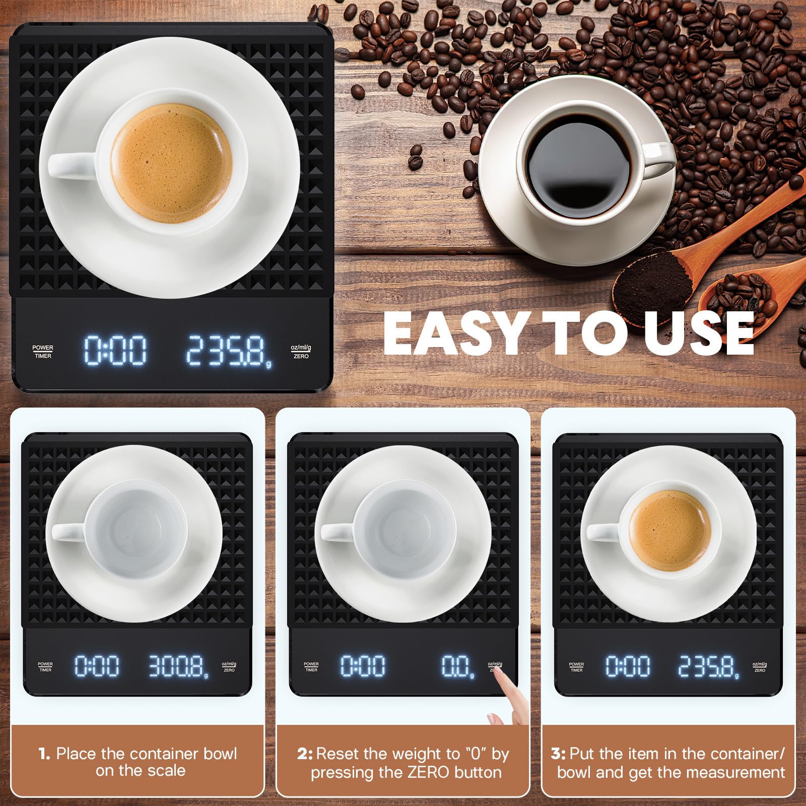 Uonlytech Bilancia Digitale per Caffè Espresso con Timer, Precisione 0,1g Capacità 5000g, Spegnimento Automatico, per Cucina e Preparazione Caffè