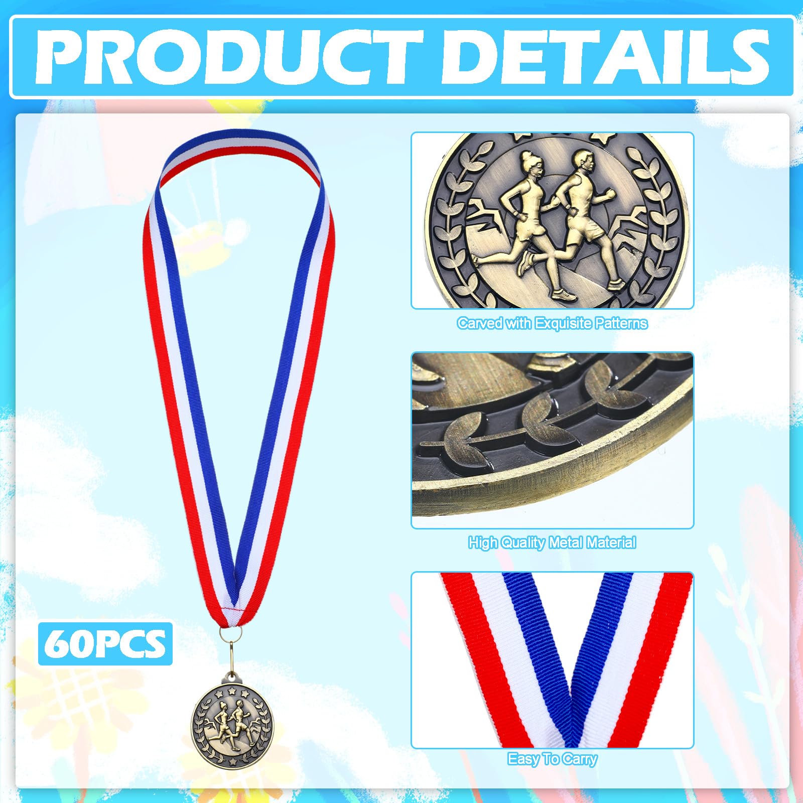 Remuuly 60 medallas de premio a granel de 2 pulgadas, ganador del premio de oro de metal con cintas para el cuello, premio de premio para torneos, partidos, equipos de competición deportiva, adultos