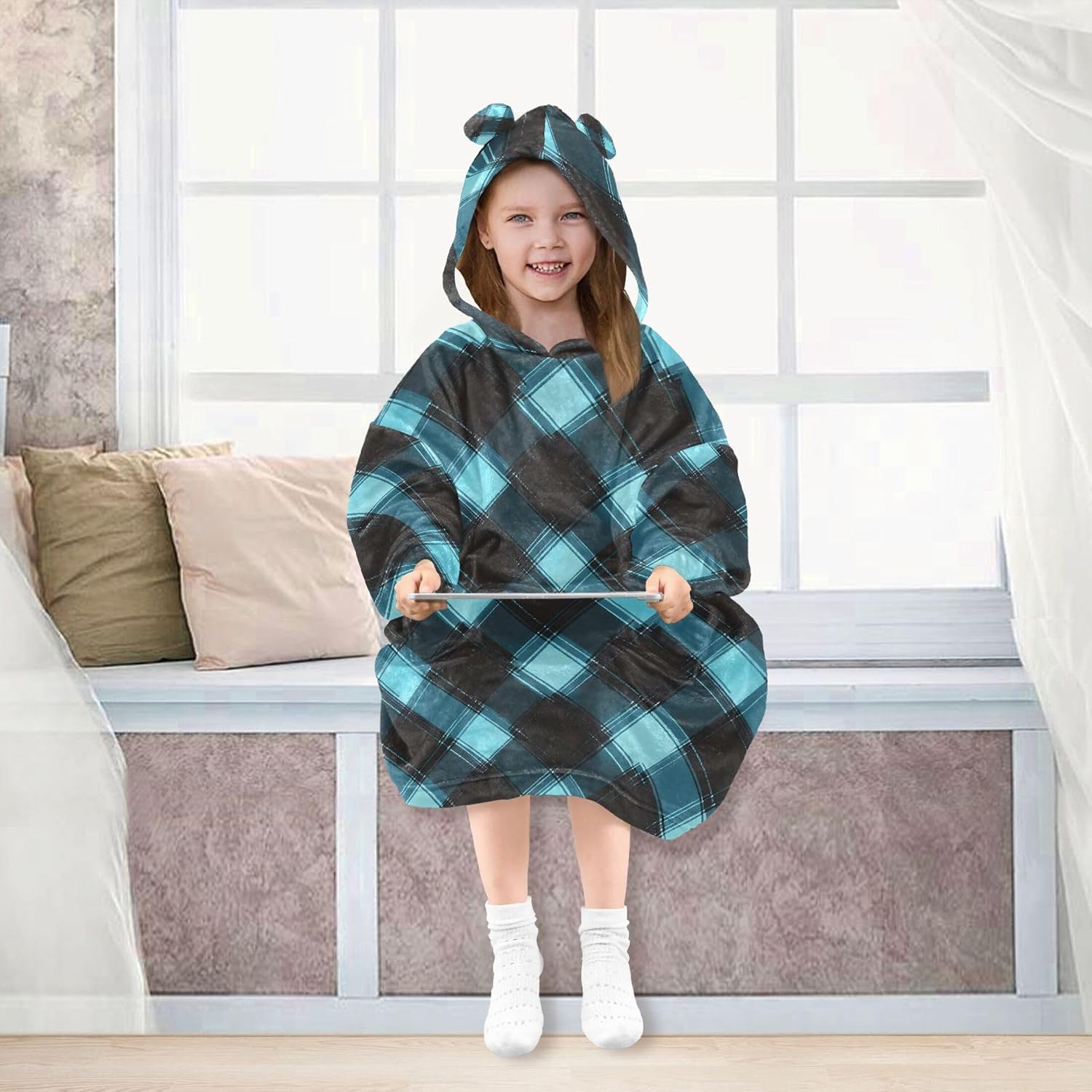 Blue Buffalo Check Plaid Kids Wearable Blanket Hoodie and Sleeves for Toddlers, Cute Hoodies Girls B0403700