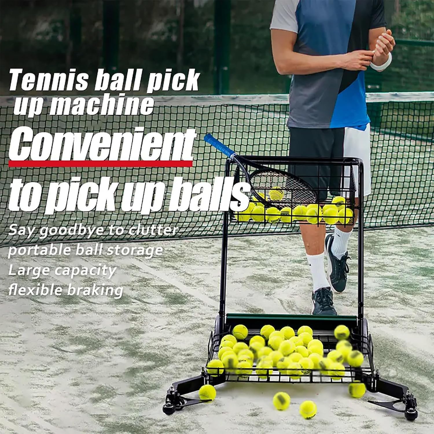 Raccoglitore automatico di palline da tennis per campo, contiene 290 palline, facile da raccogliere, carrello tramoggia palla